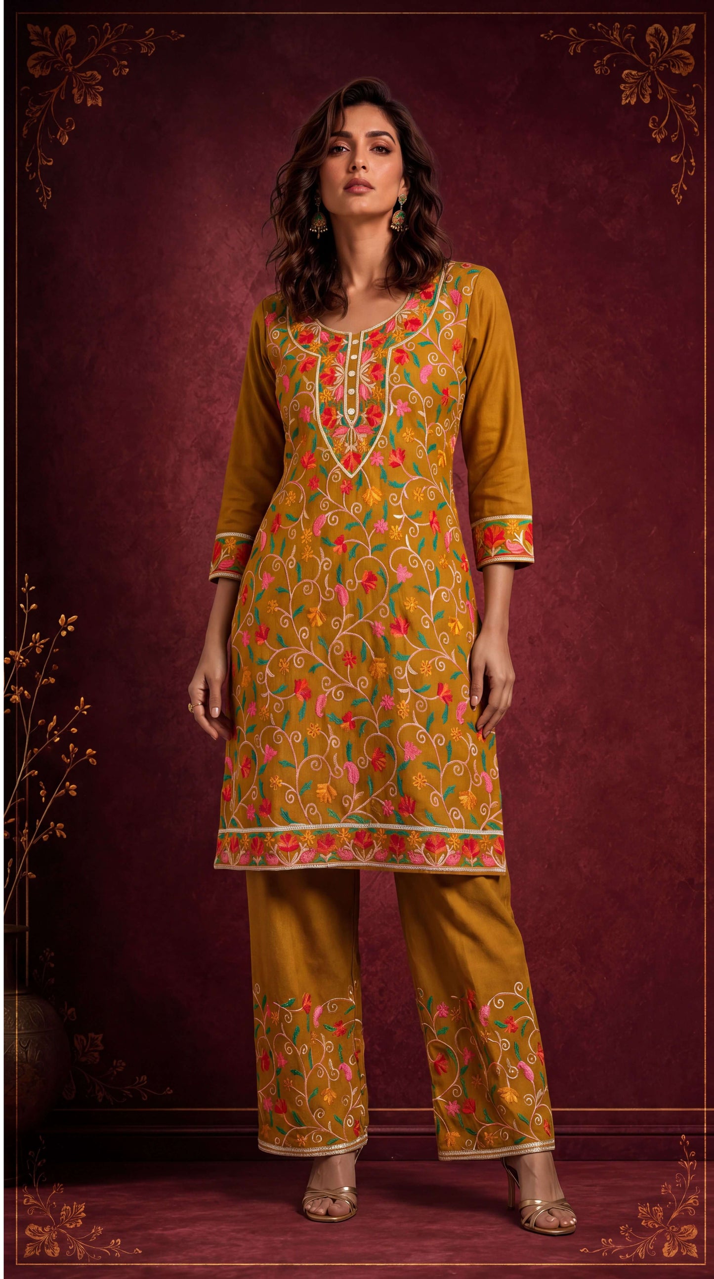 MIRA MUSTARD FLORAL EMBROIDERED CO-ORD SET