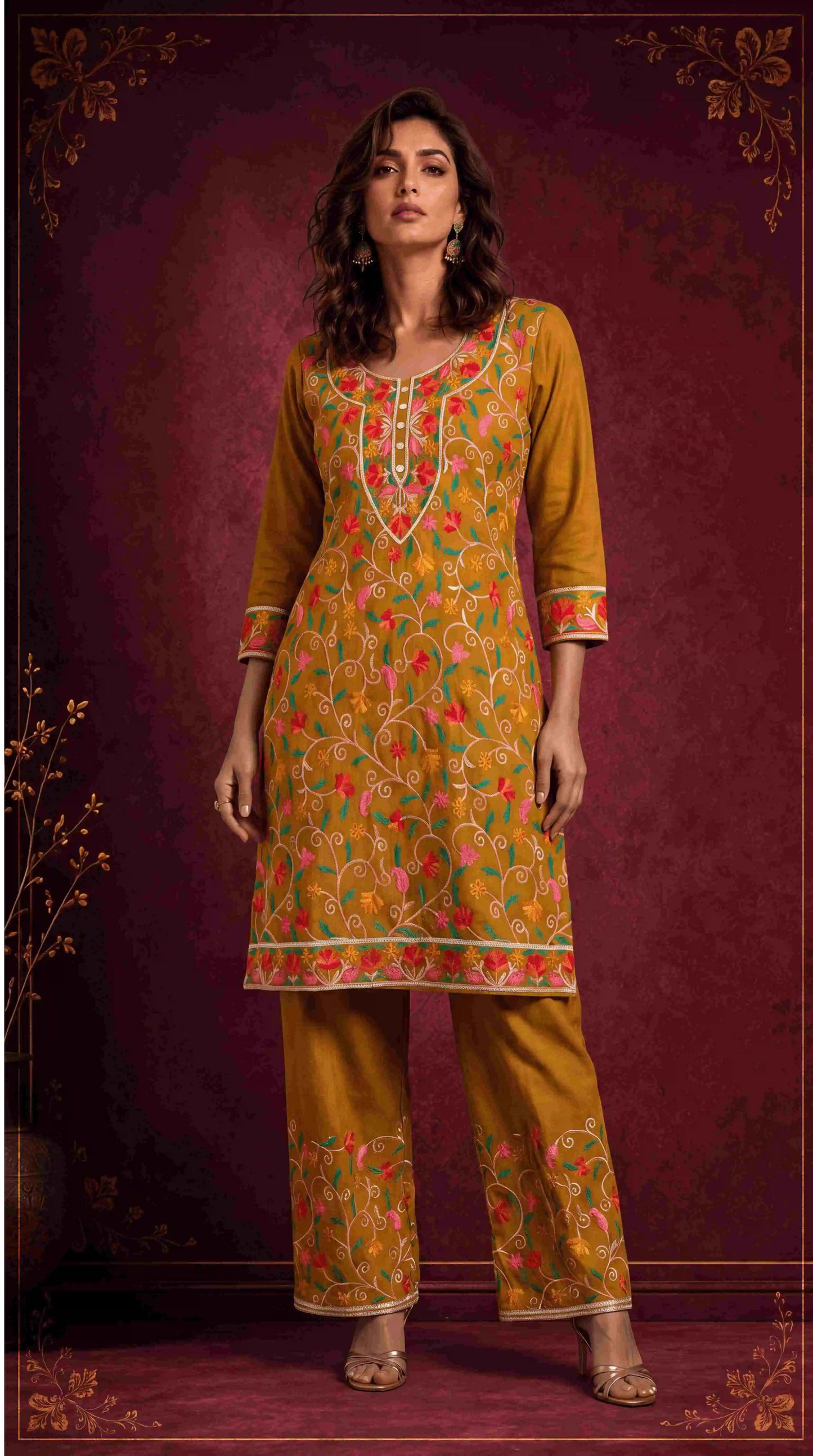 MIRA MUSTARD FLORAL EMBROIDERED CO-ORD SET