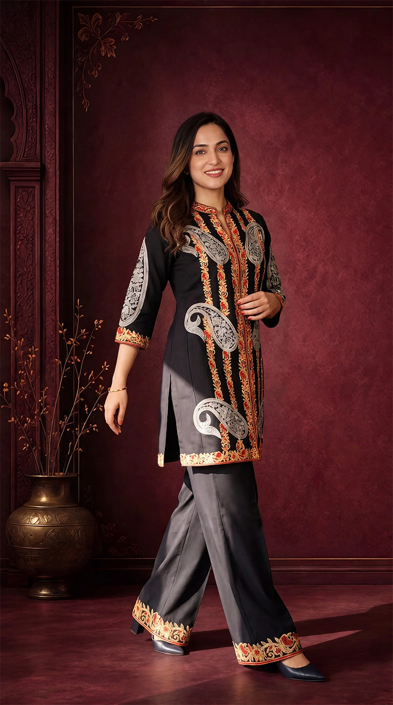BLACK KASHMIRI PAISLEY EMBROIDERED CO-ORD SET