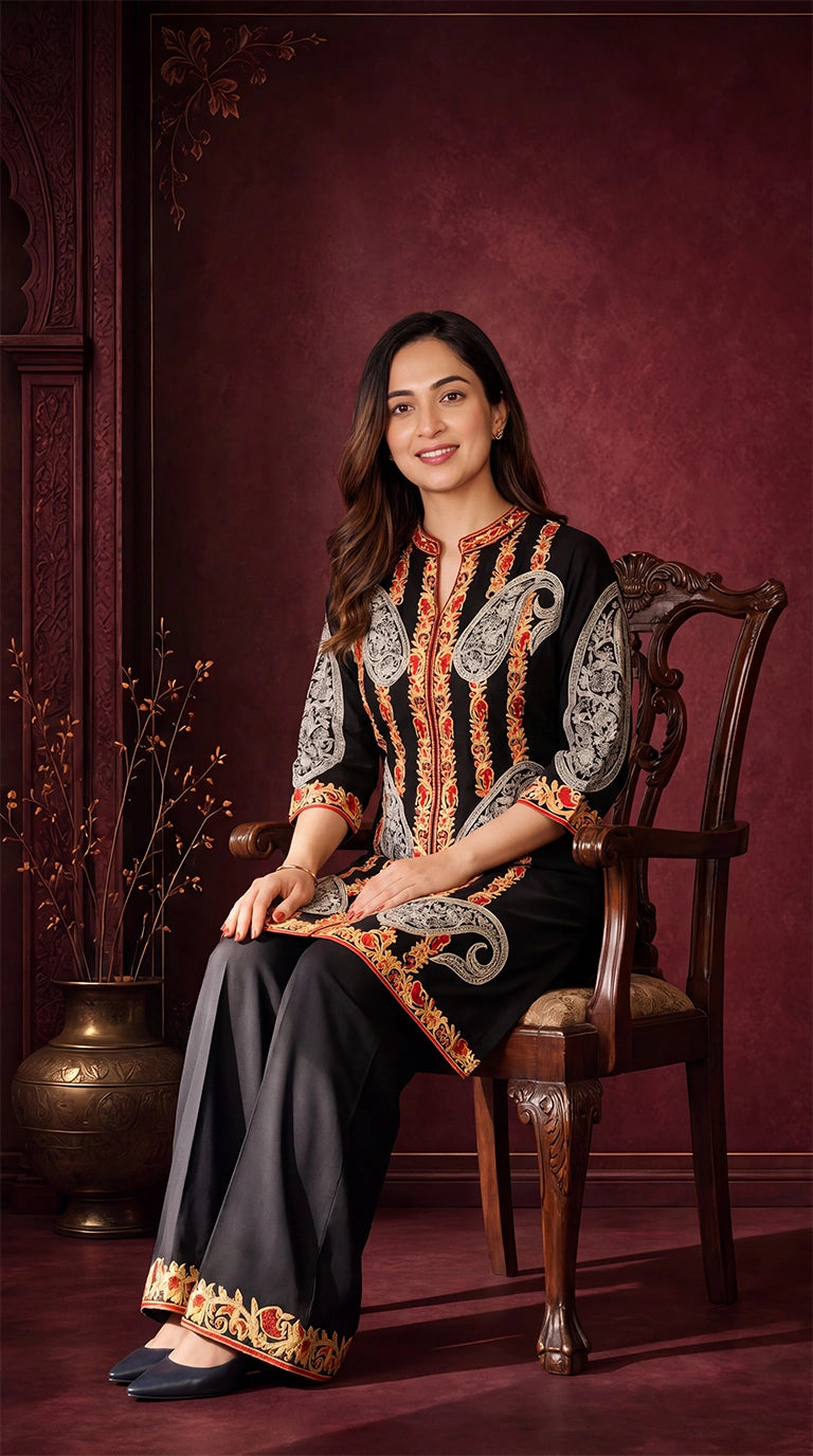 BLACK KASHMIRI PAISLEY EMBROIDERED CO-ORD SET