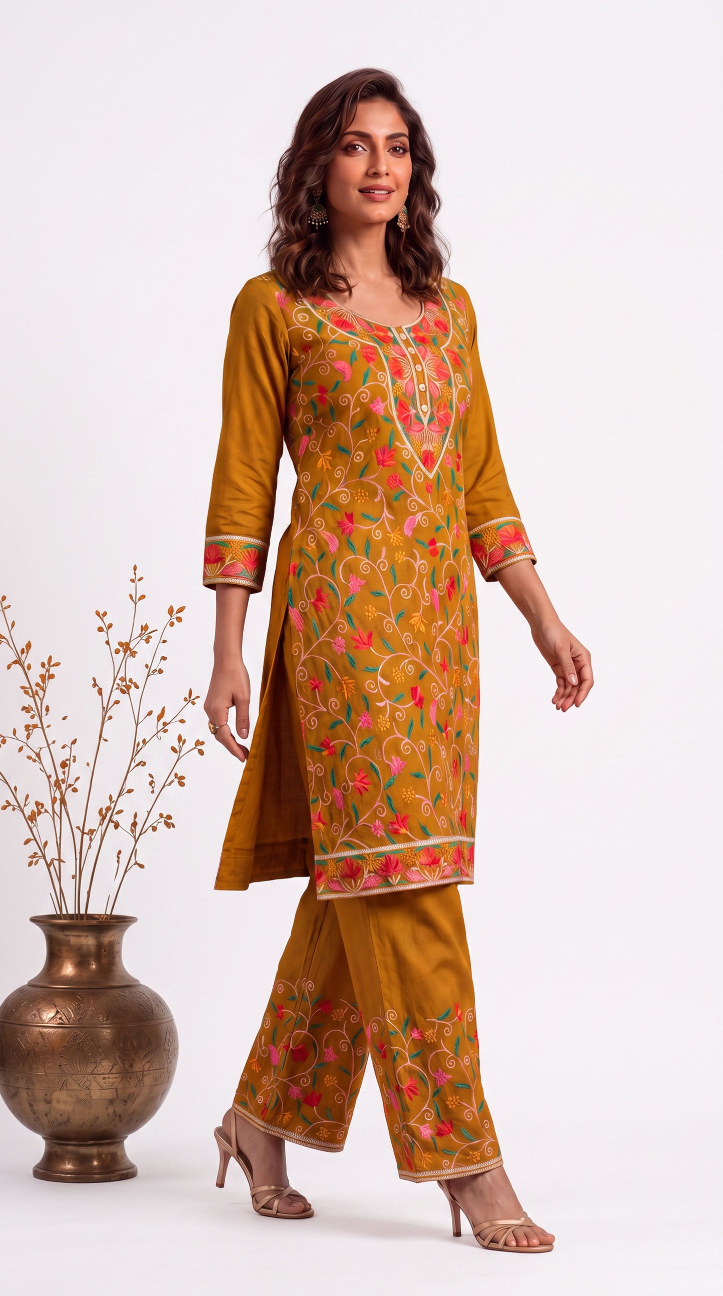 MIRA MUSTARD FLORAL EMBROIDERED CO-ORD SET