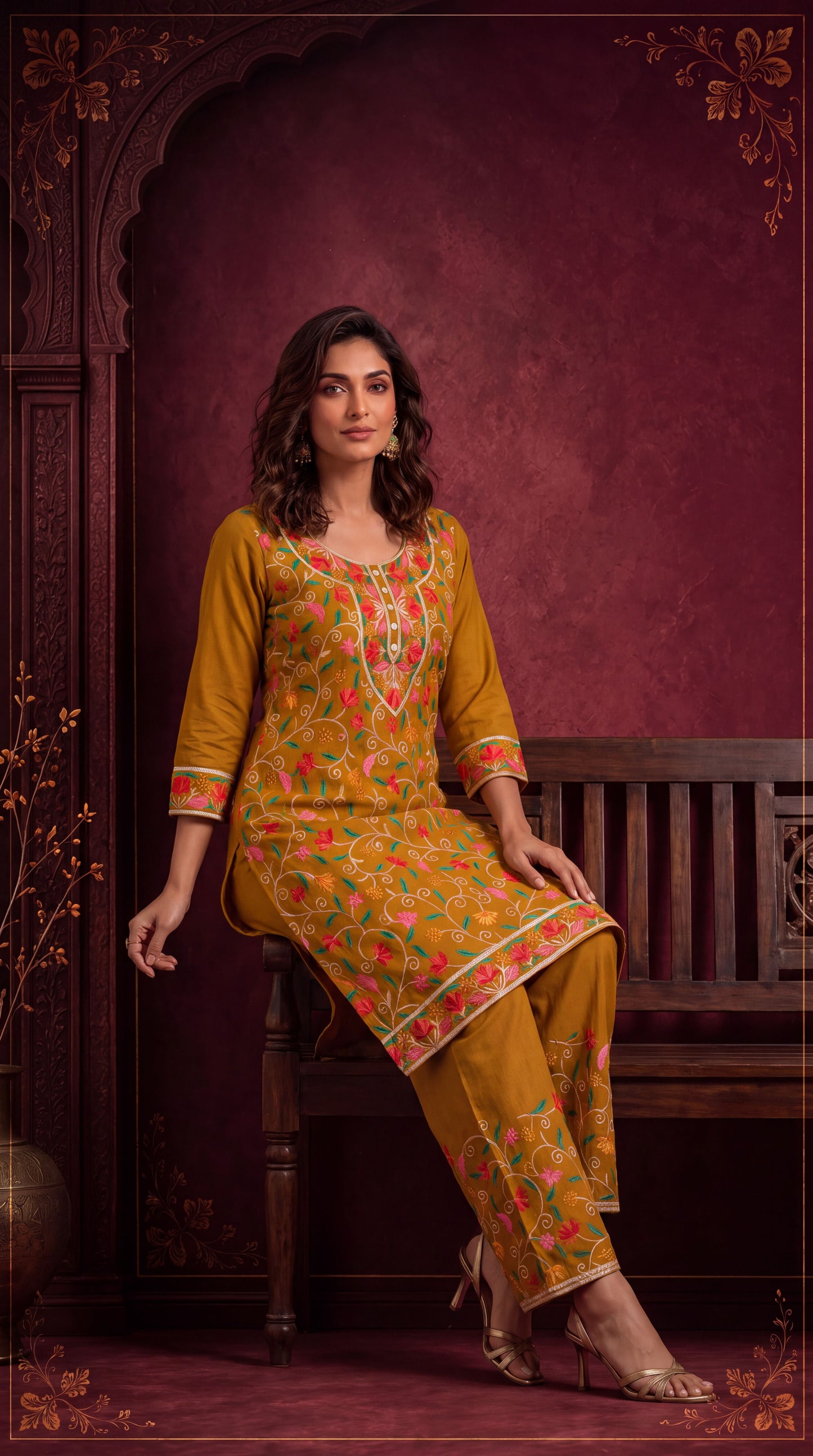 MIRA MUSTARD FLORAL EMBROIDERED CO-ORD SET