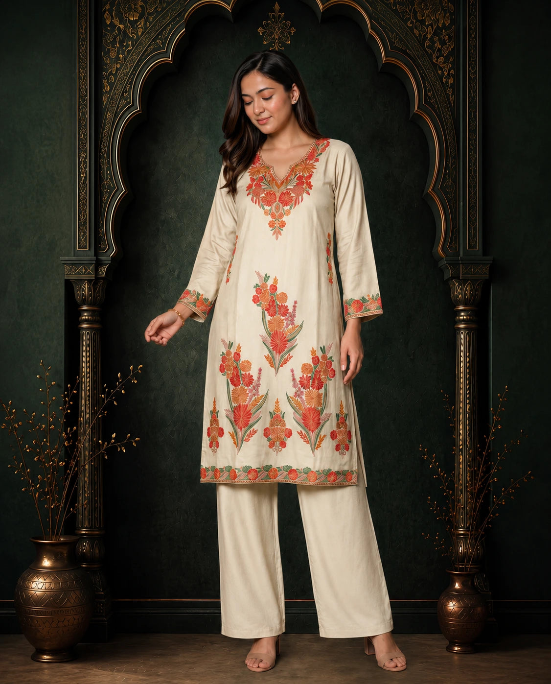 Meher Olive Green Embroidered Pheran Set