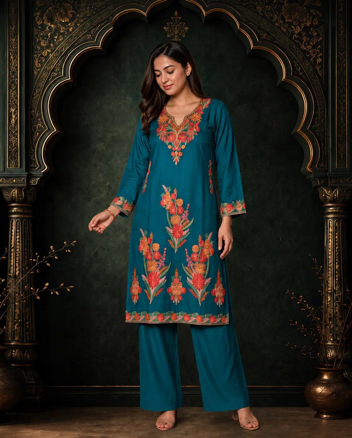 Meher Olive Green Embroidered Pheran Set
