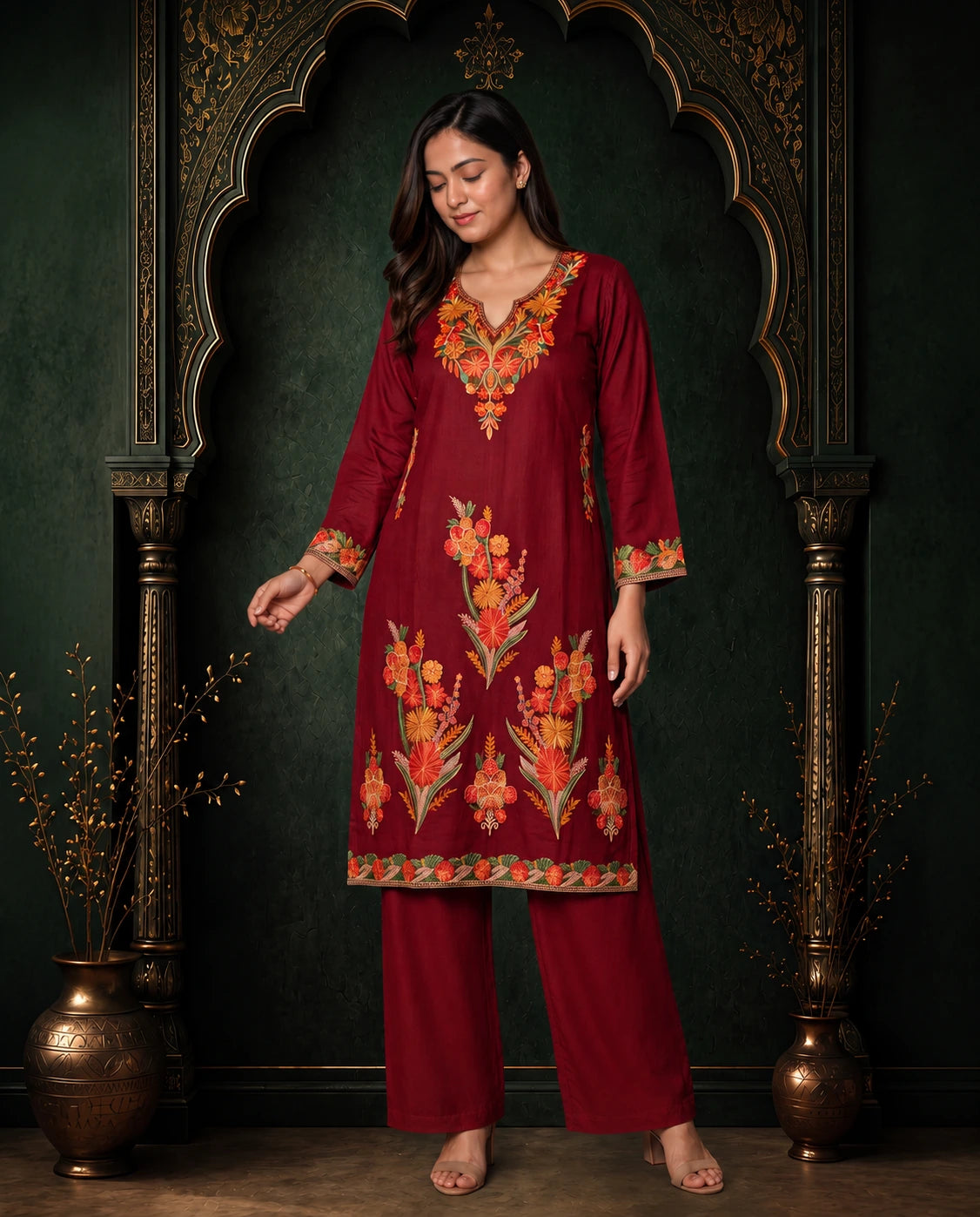 Meher Olive Green Embroidered Pheran Set