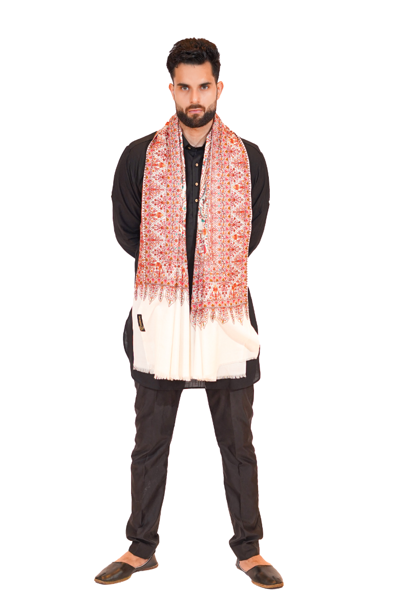 Heritage Heirloom Collection: Premium Embroidery Jaal Jamawar Shawl for Men - Elegant White