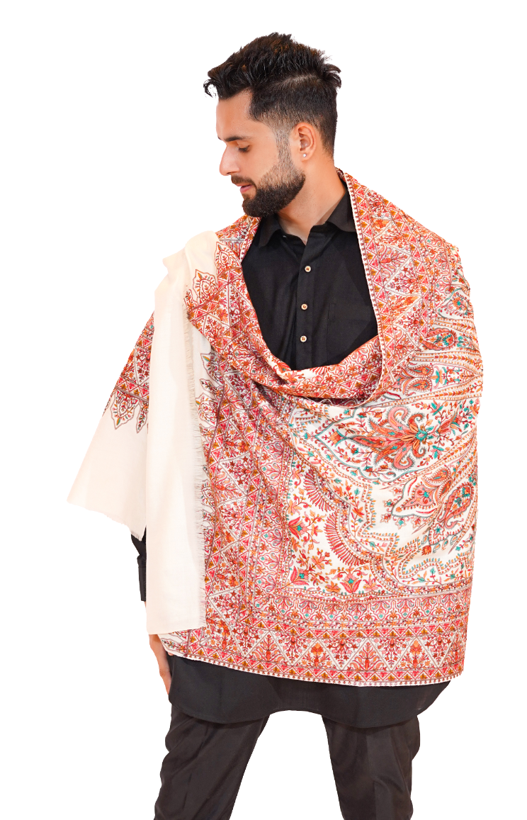 Heritage Heirloom Collection: Premium Embroidery Jaal Jamawar Shawl for Men - Elegant White