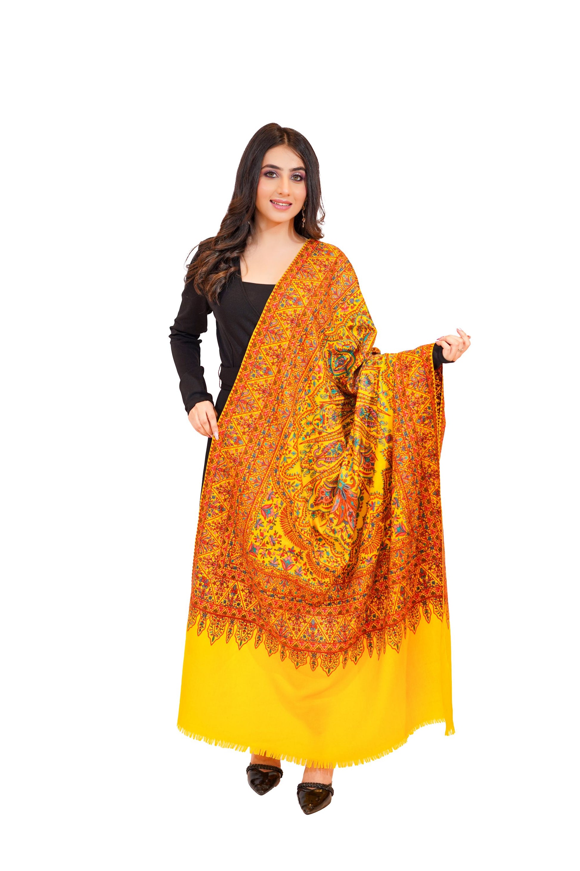 Heritage Embroidered Jaal Jamawar Shawl for Women - Vibrant Yellow