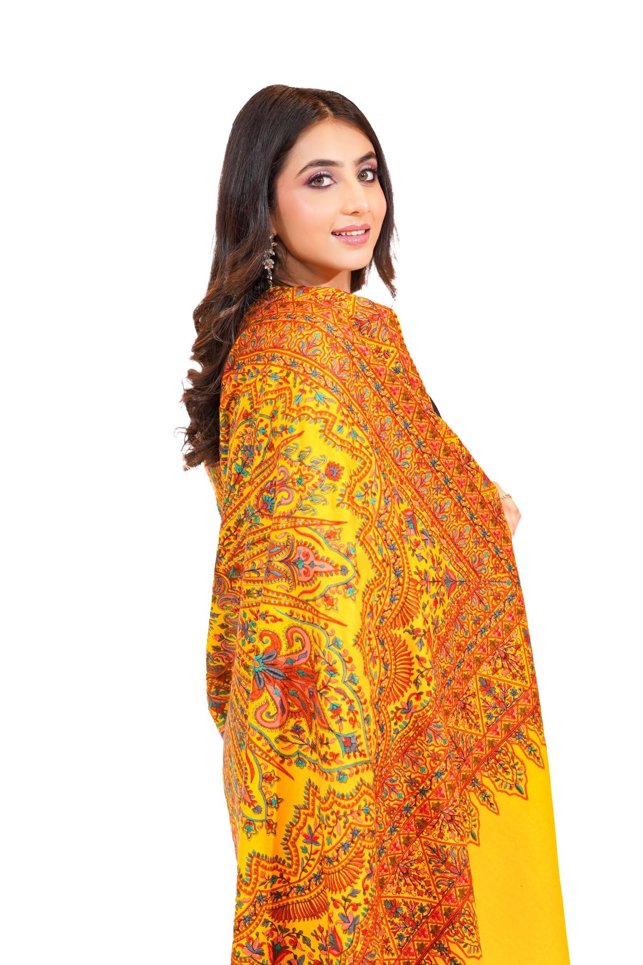 Heritage Embroidered Jaal Jamawar Shawl for Women - Vibrant Yellow