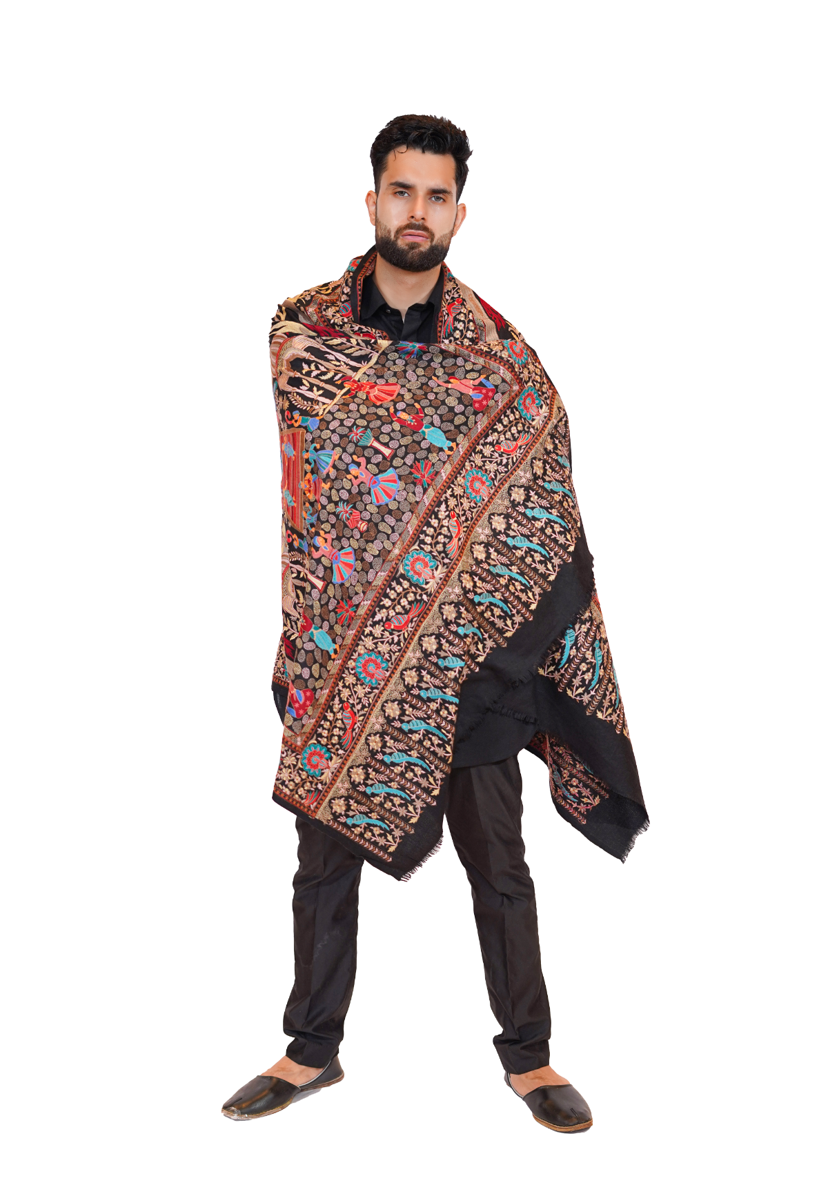 Premium Wool Silk Blend Mughal Darbaar Shawl for Men - Royal Black