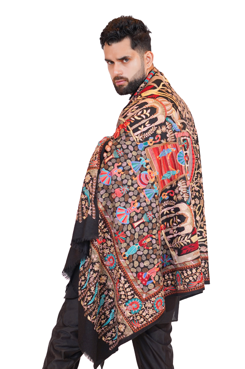 Premium Wool Silk Blend Mughal Darbaar Shawl for Men - Royal Black