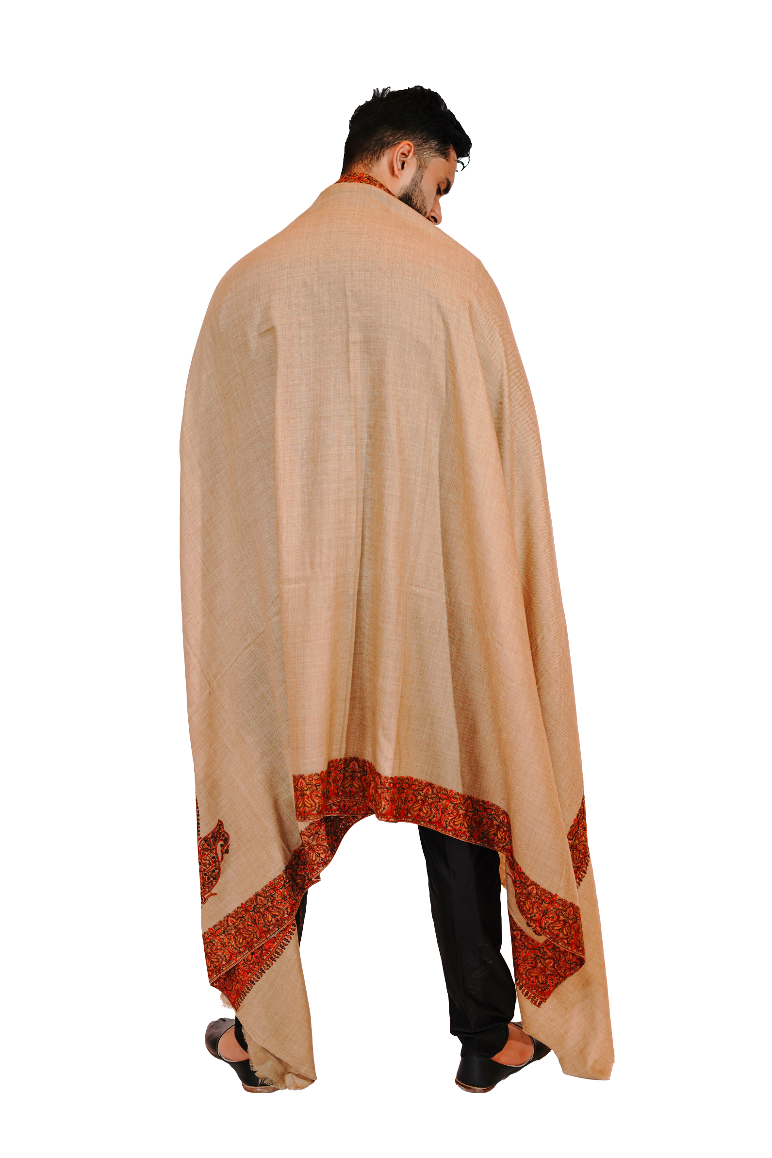 Hand-Embroidered Wool Blend Shawl for Men – Creamy Crimson/Bare luxury