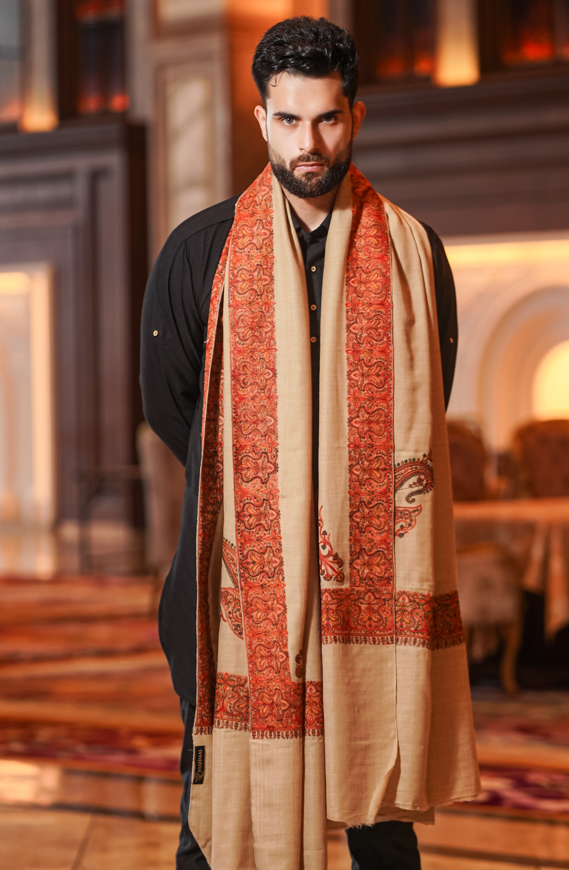 Hand-Embroidered Wool Blend Shawl for Men – Creamy Crimson/Bare luxury