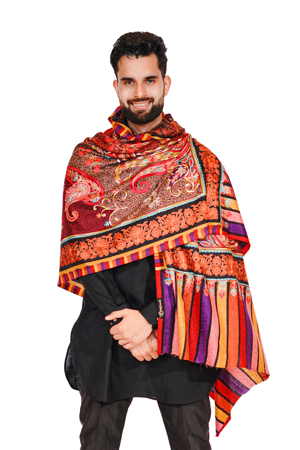 Men's Wool Shawl with Exquisite Aari Embroidery - Scarlet Red