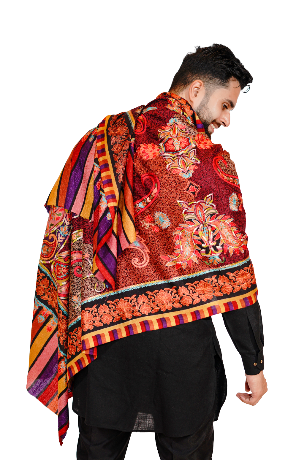 Men's Wool Shawl with Exquisite Aari Embroidery - Scarlet Red
