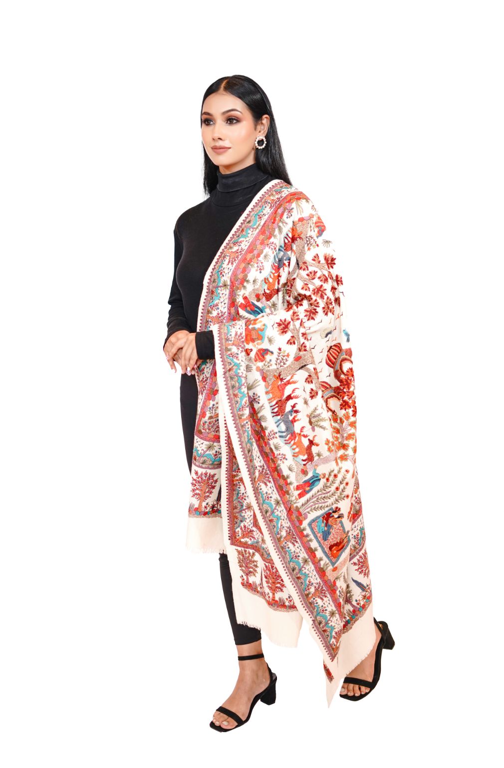Heritage Mughal Darbaar Woollen Shawl for Women - Ivory