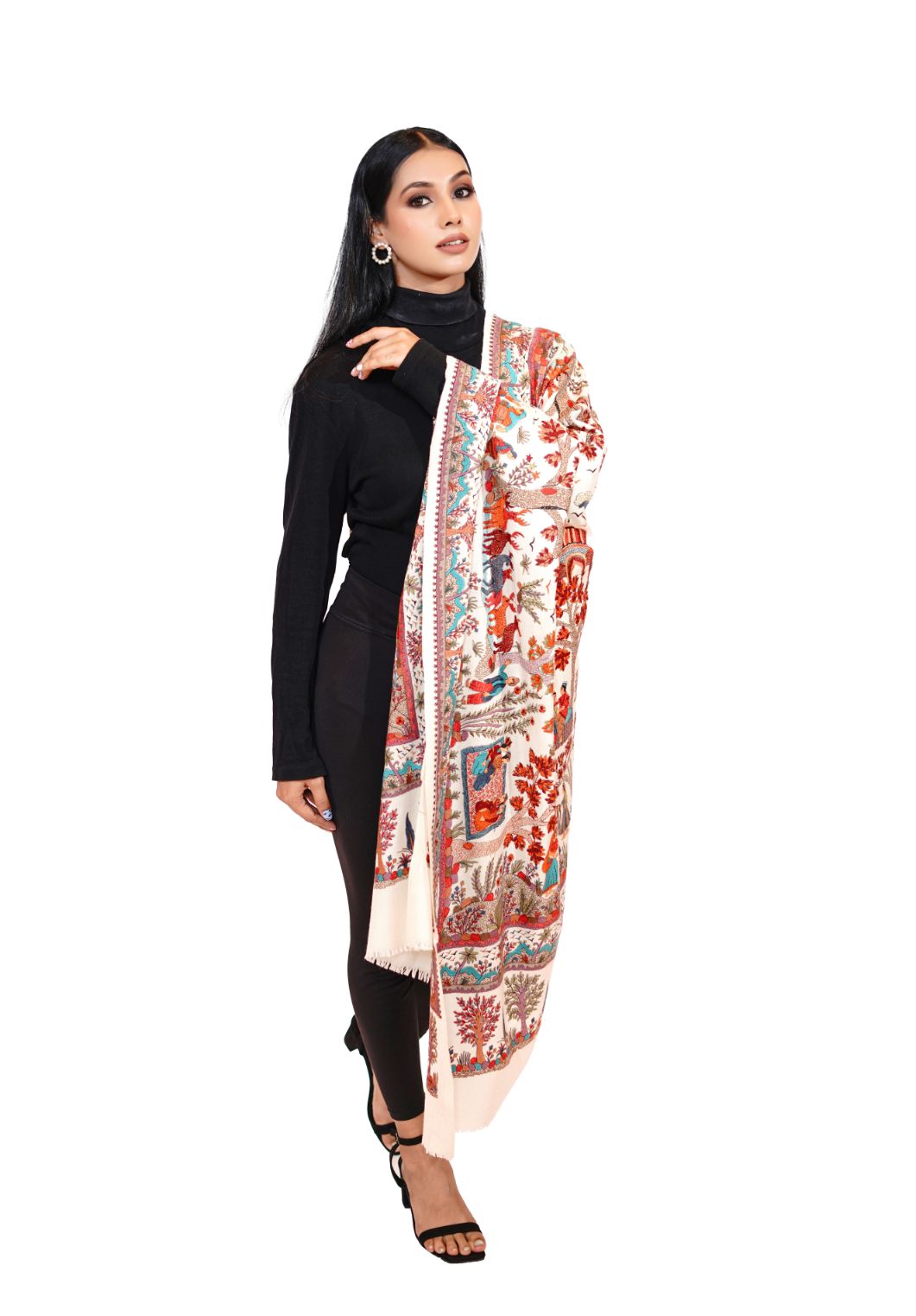 Heritage Mughal Darbaar Woollen Shawl for Women - Ivory