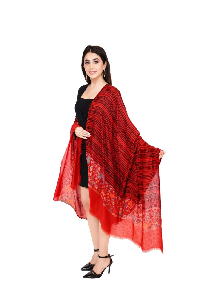 Women's Stripe Fine Wool Shawl with Jaquard Border - Crimson Red