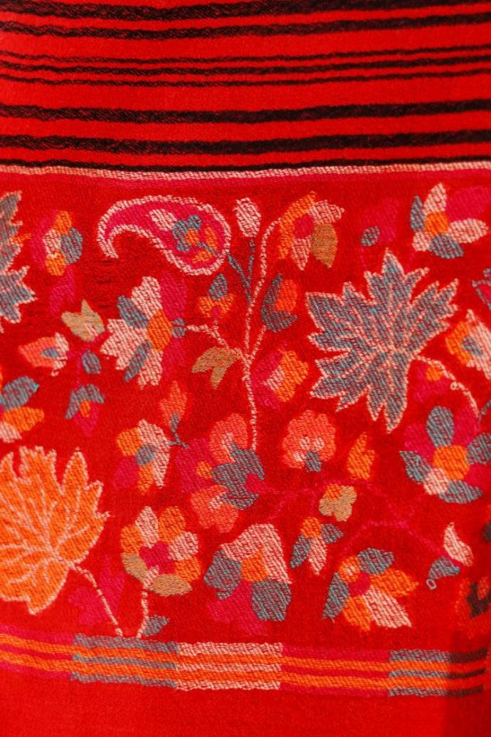 Women's Stripe Fine Wool Shawl with Jaquard Border - Crimson Red
