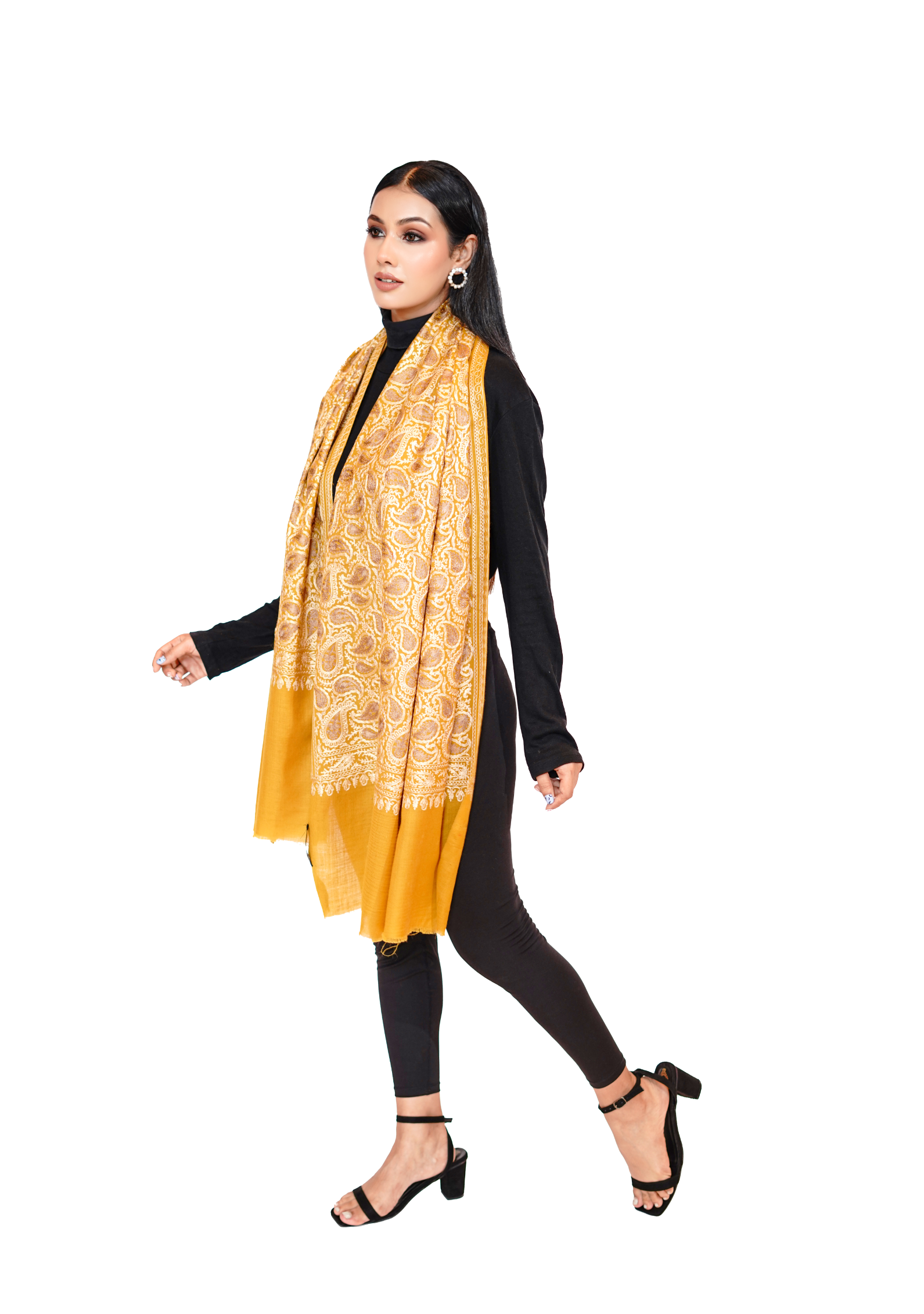 Traditional Aari Embroidered Woollen Stole for Women- Mellow Yellow/ Mustard Mirage