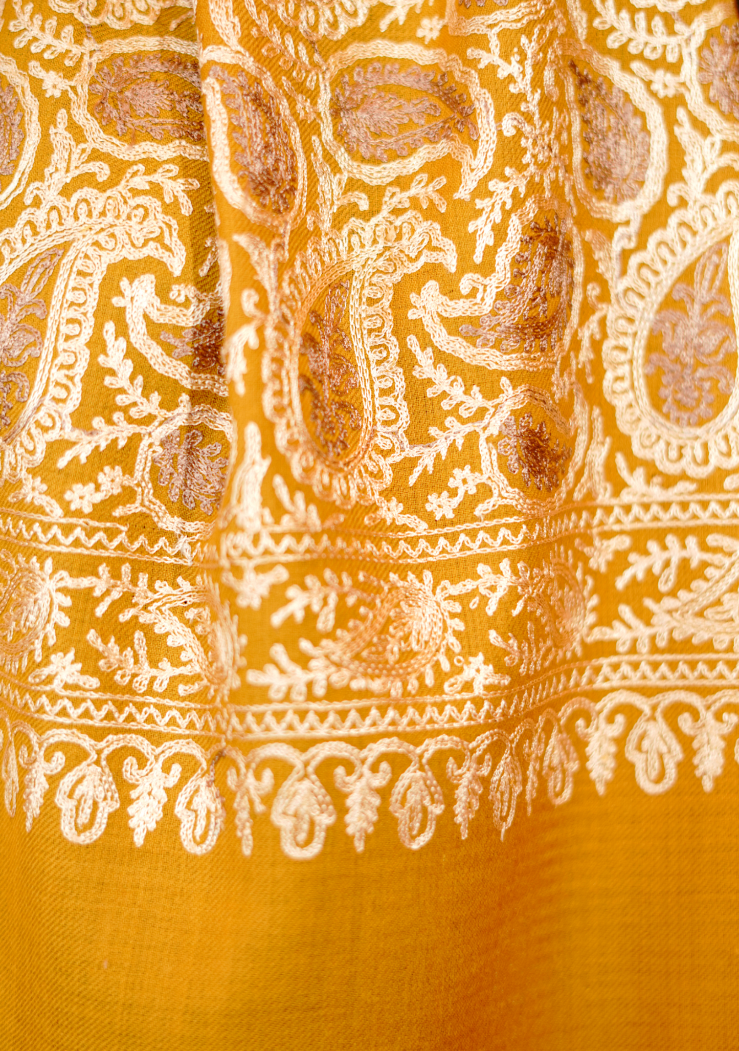 Traditional Aari Embroidered Woollen Stole for Women- Mellow Yellow/ Mustard Mirage