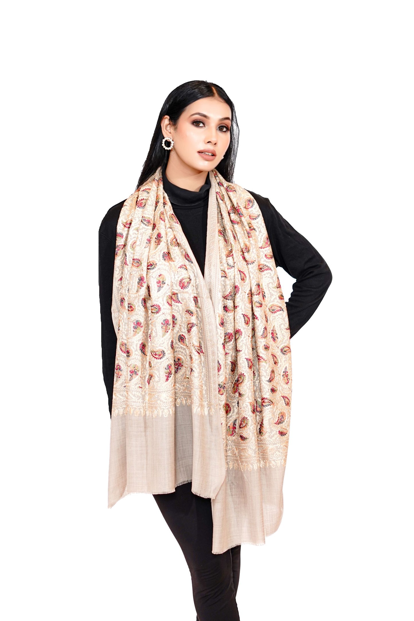 Traditional Aari Embroidered Woollen Stole for Women- Timeless White