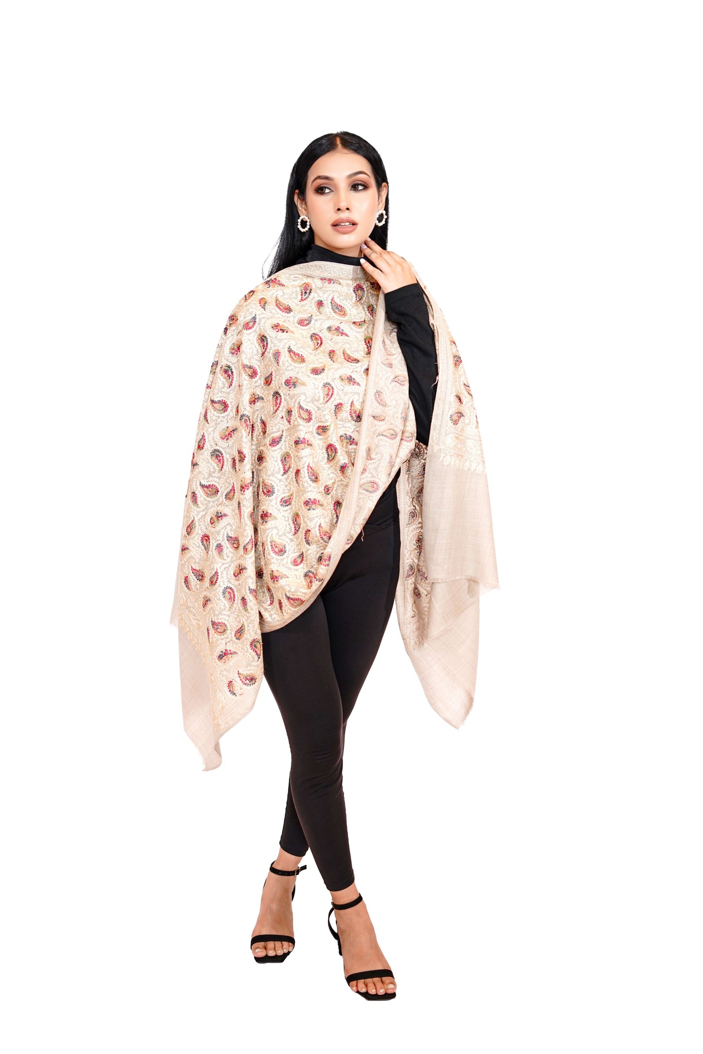 Traditional Aari Embroidered Woollen Stole for Women- Timeless White