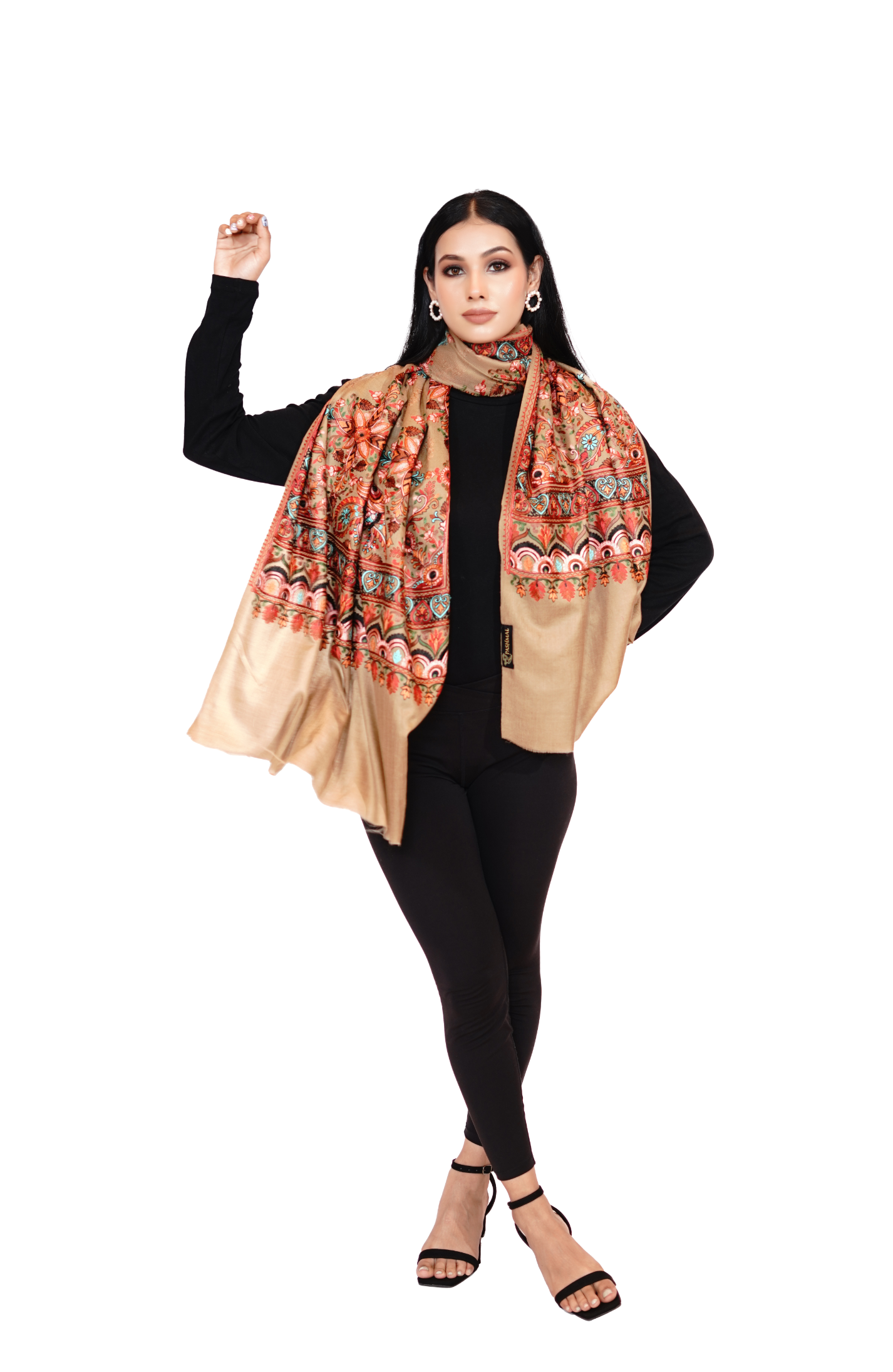 Wool Silk Embroidery Stole for Women - Nude Elegance
