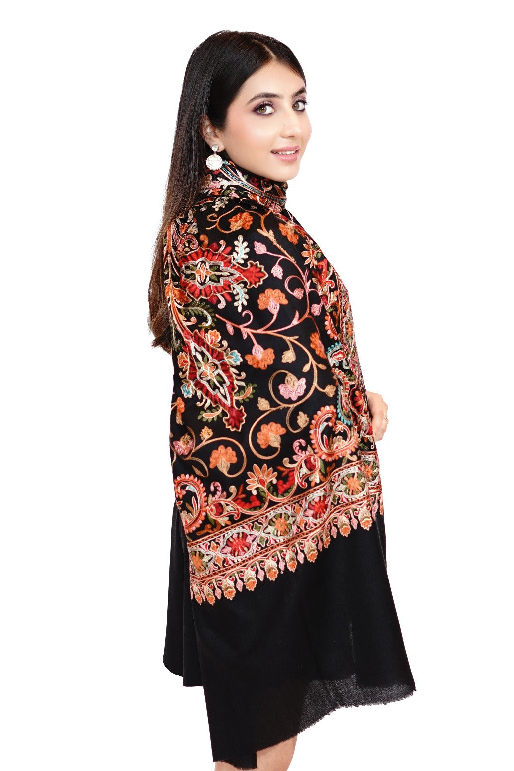 Wool Silk Embroidery Floral Stole for Women - Midnight Bloom