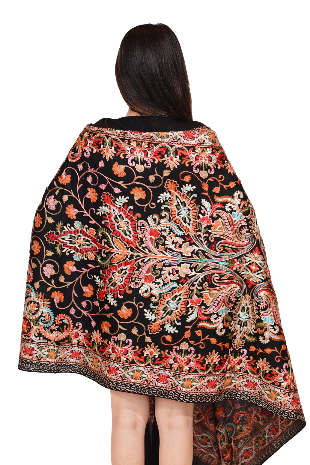 Wool Silk Embroidery Floral Stole for Women - Midnight Bloom