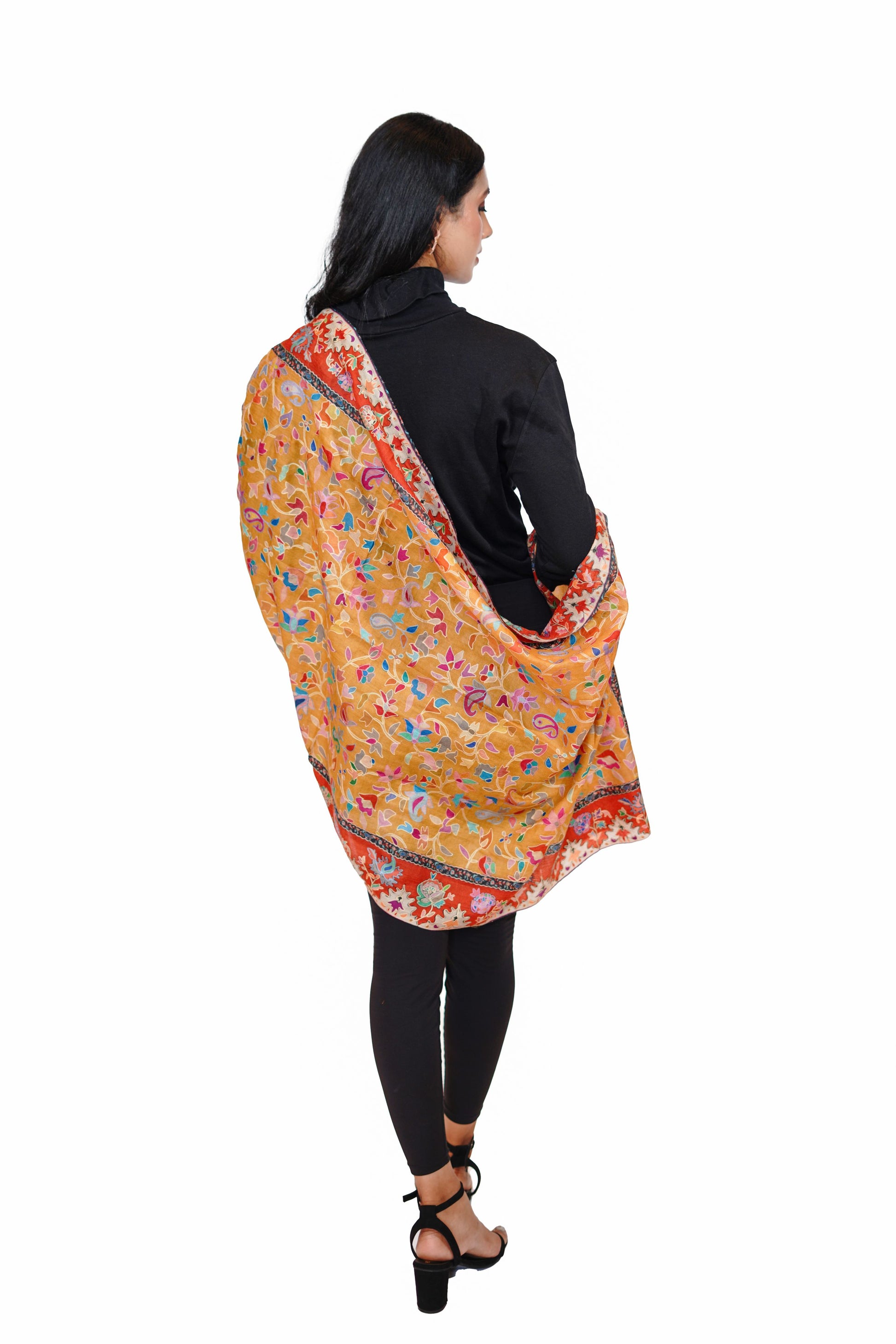 Heritage Hand Embroidered Printed Stole for Women - Mustard Yellow