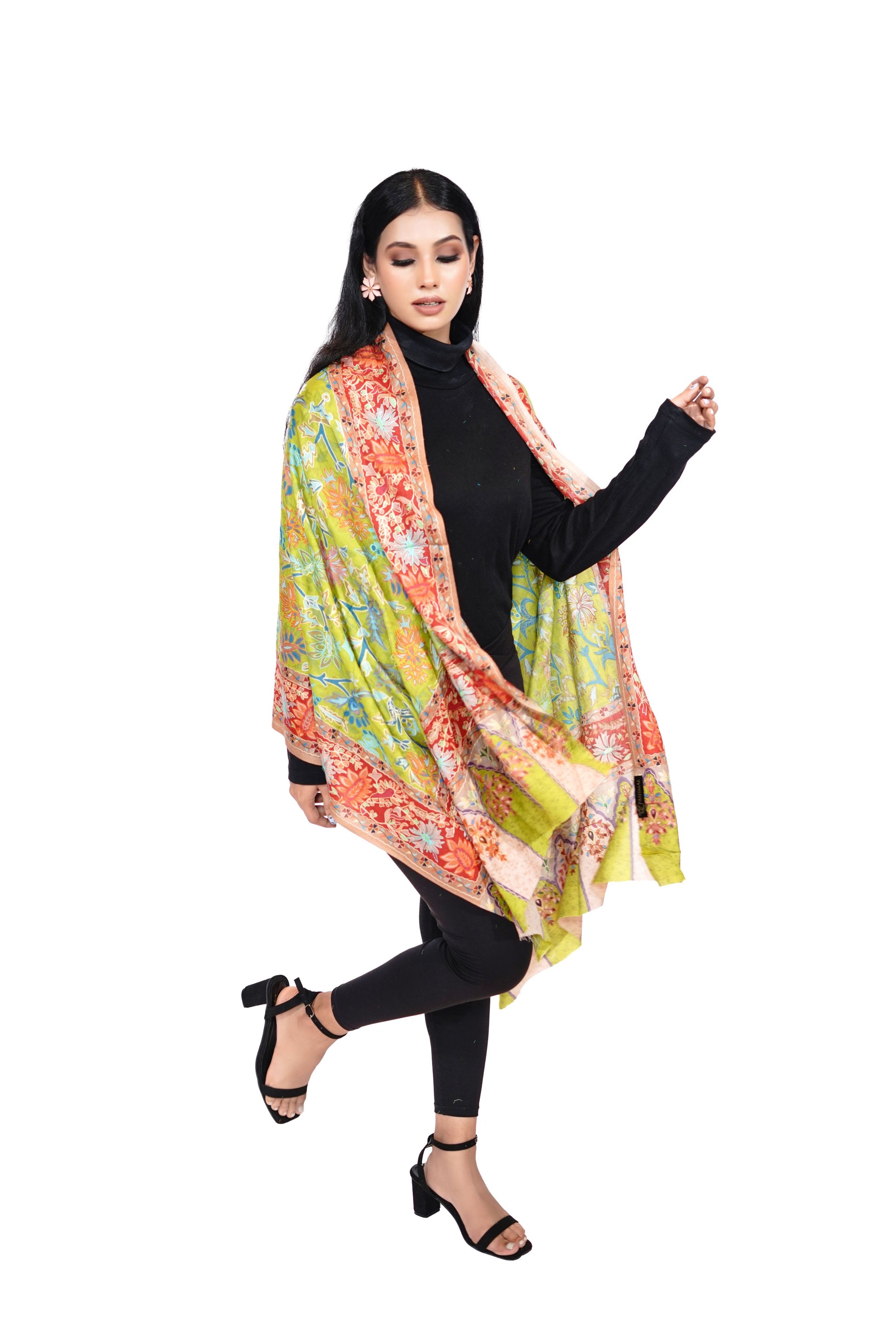 Heritage Hand Embroidered Printed Stole for Women - Lime Yellow
