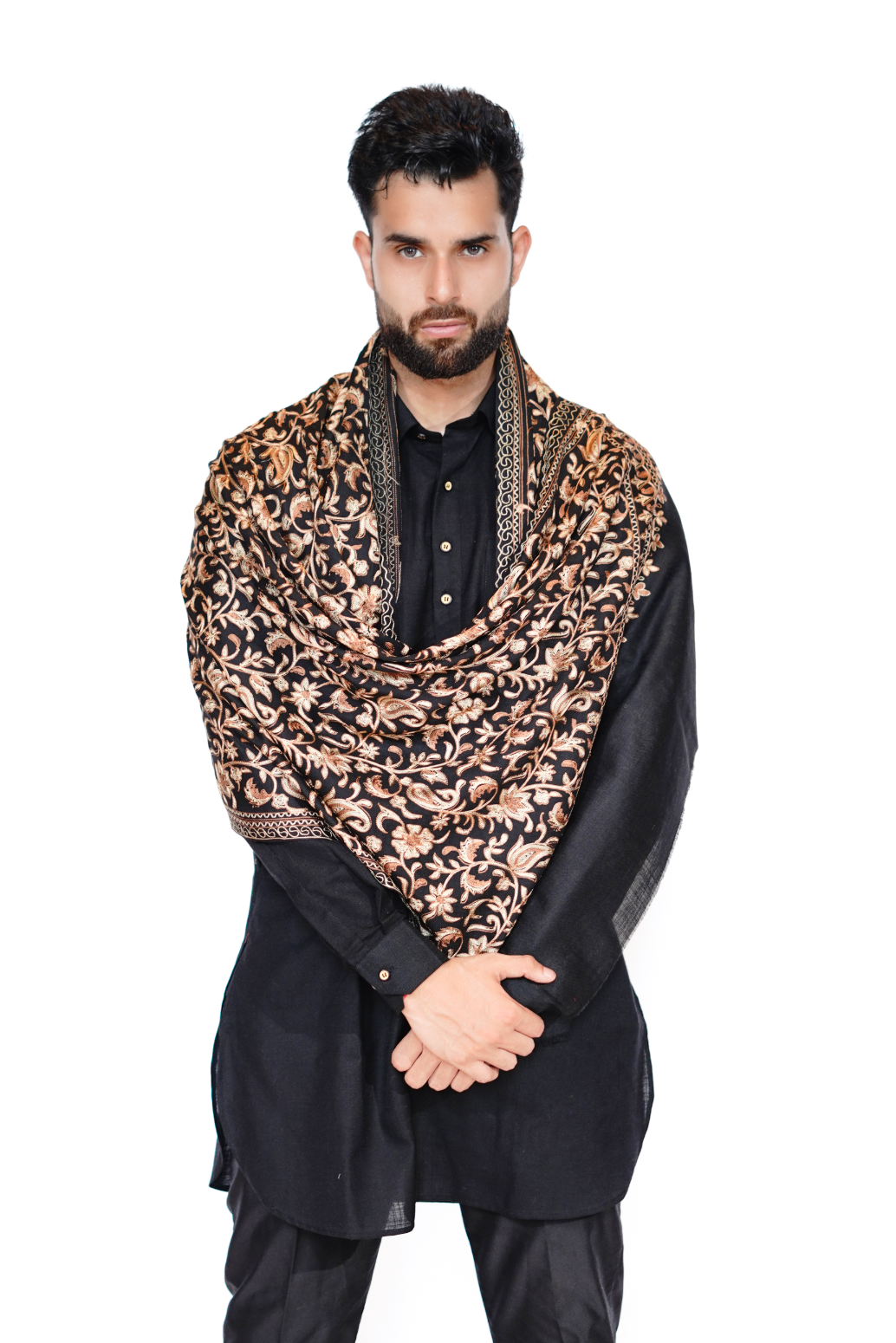 Men's Woollen Traditional Aari Embroidered Stole – Royalty Redefined (Classic black)