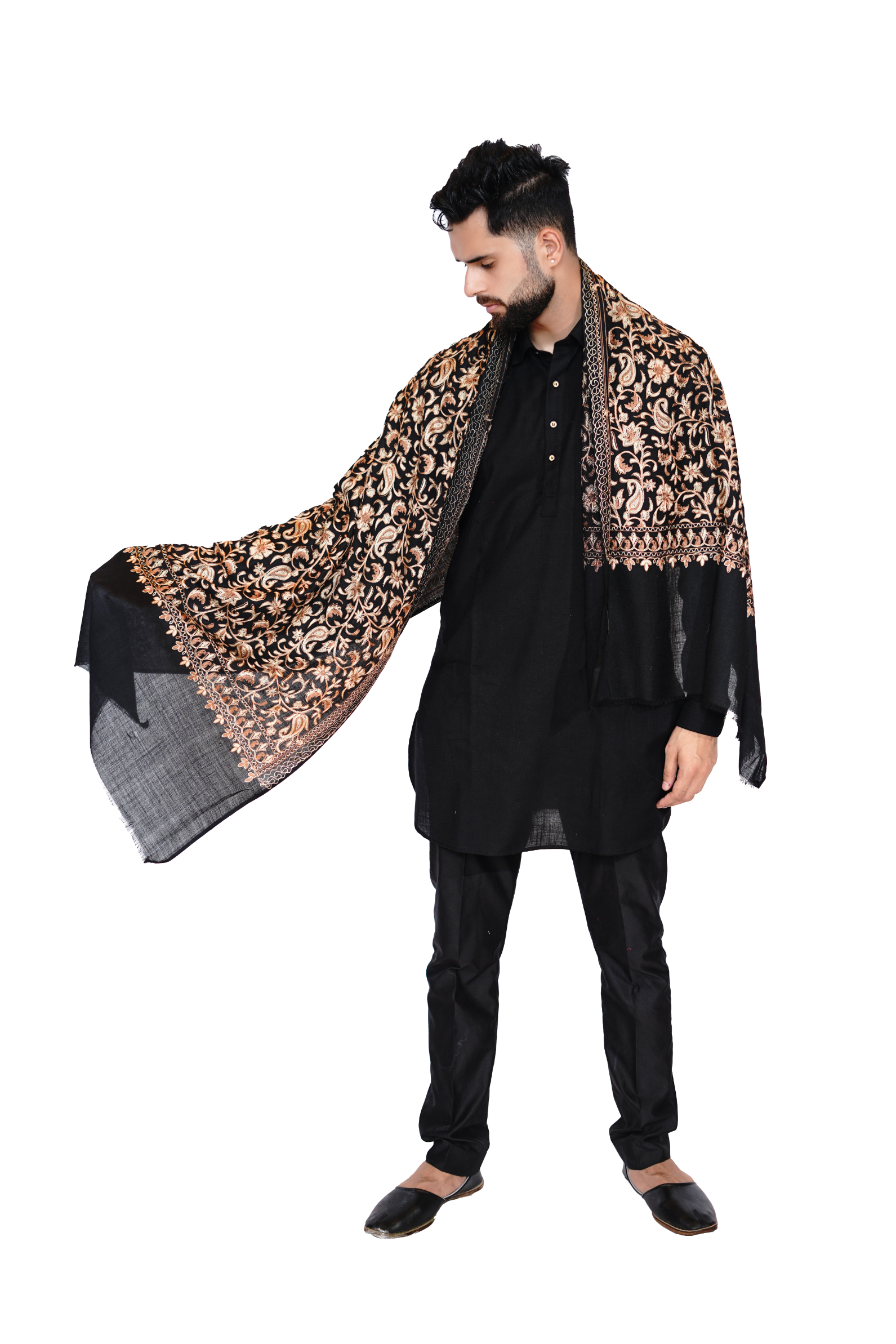 Men's Woollen Traditional Aari Embroidered Stole – Royalty Redefined (Classic black)