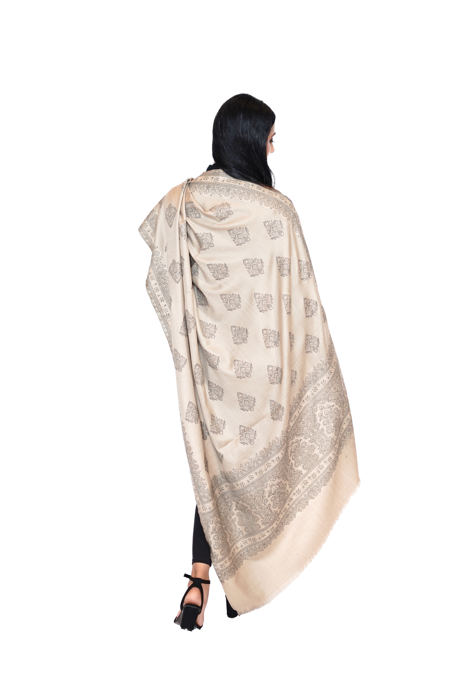 Women's Traditional Woollen Jamawar Shawl with Zari Work- Ivory Elegance