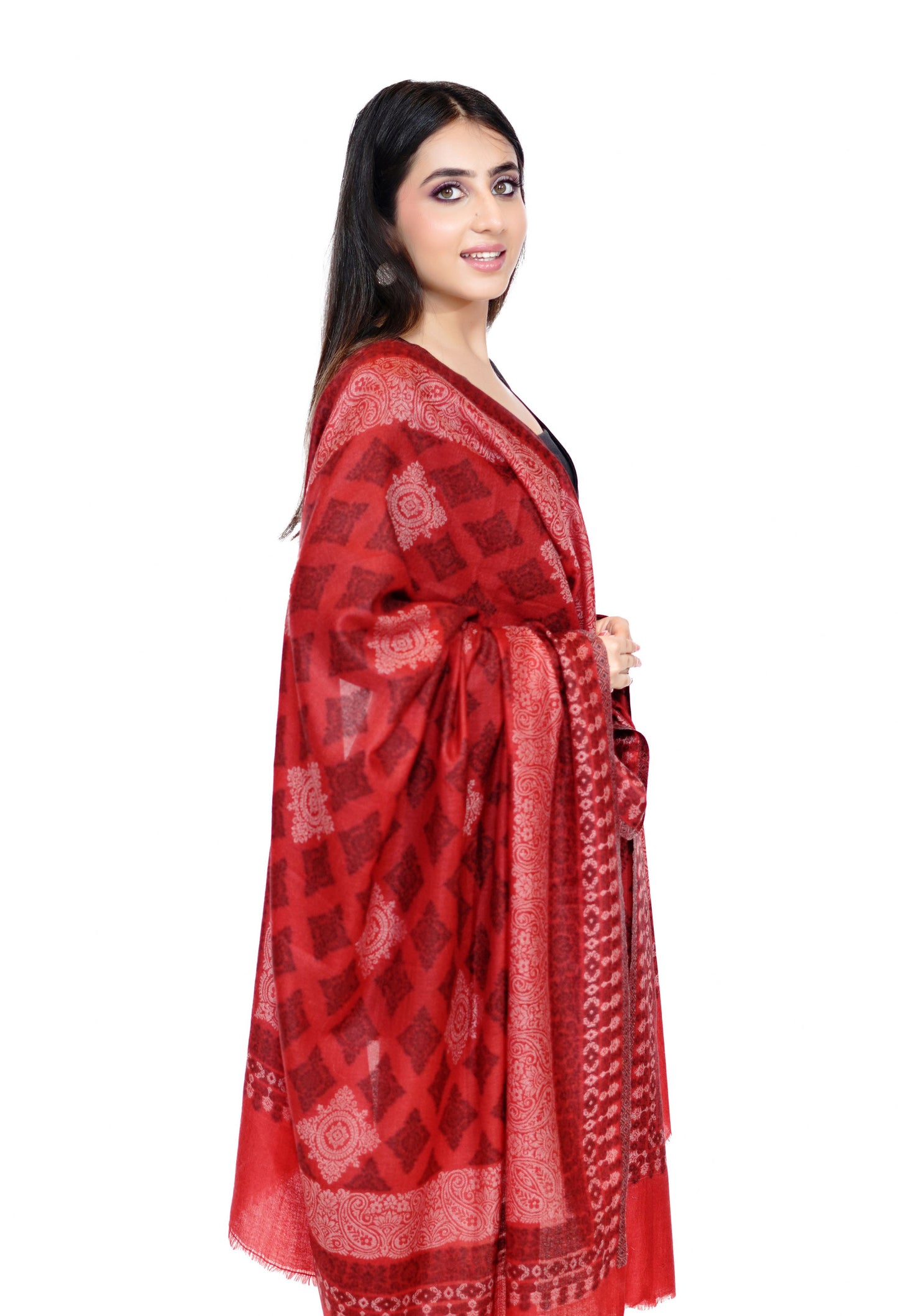 Women's Traditional Ethnic Weave Woollen Shawl - Ethereal Red