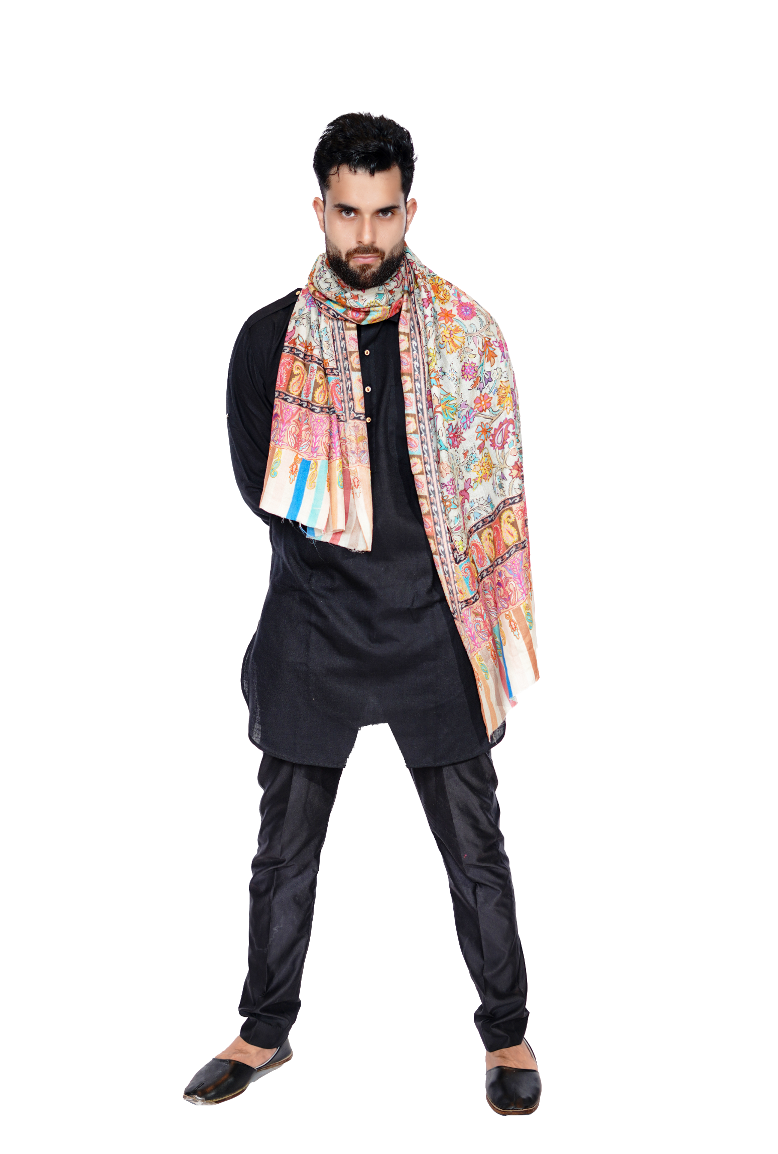 Hand-Embroidery Premium Wool Silk Print Stole for Men- Pastel Palette