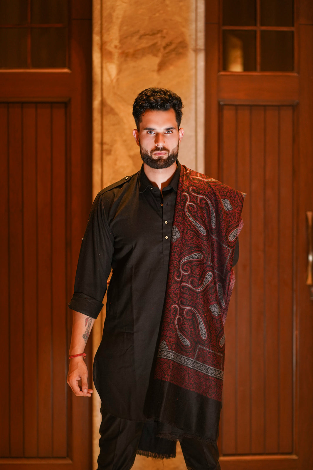 Traditional Paisley Design Wool Blend Shawl for Men - Classic Black