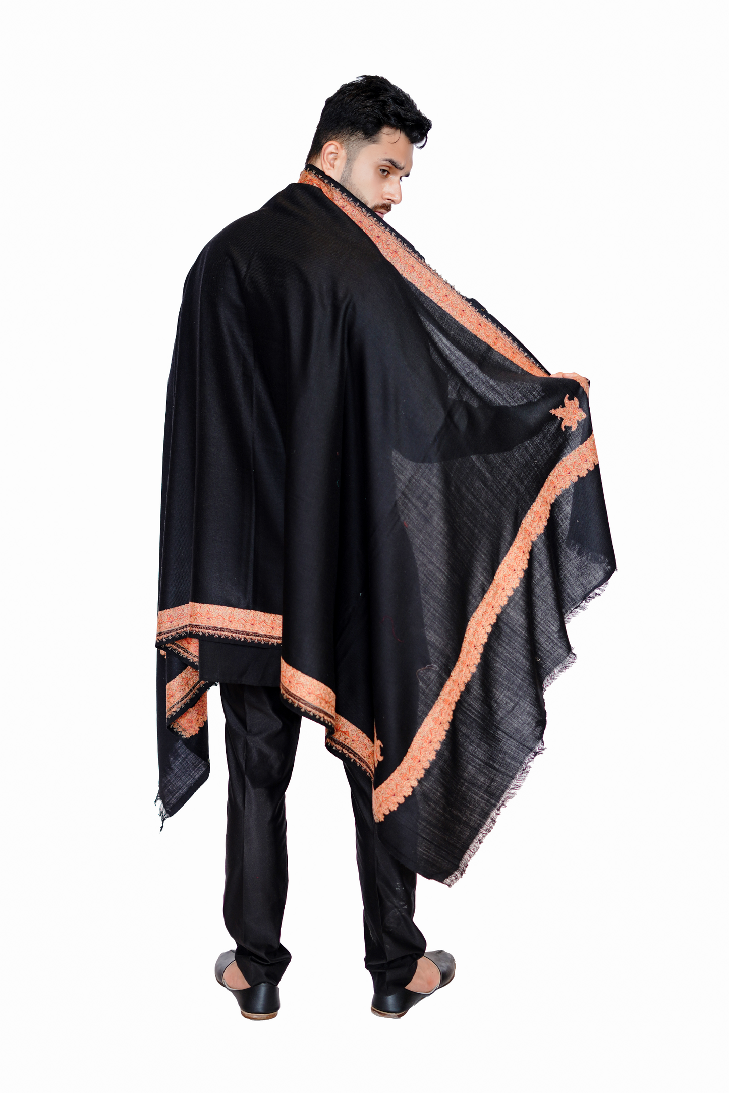 Hand-Embroidered Wool Blend Shawl for Men – Chick Charcoal/Classic Black