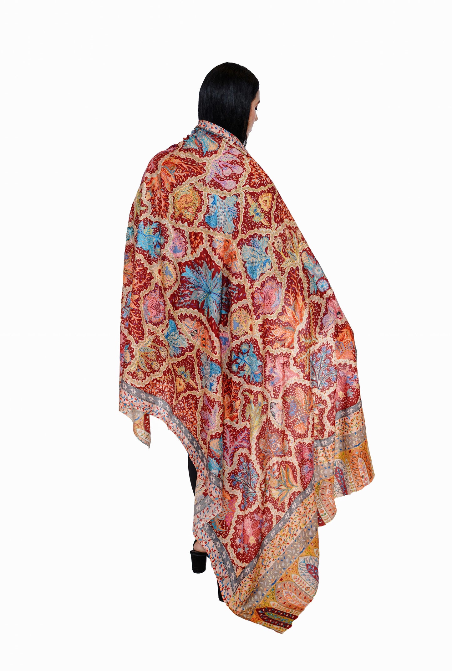 Heritage Rustic Red Hand Embroidered Printed Shawl for Women
