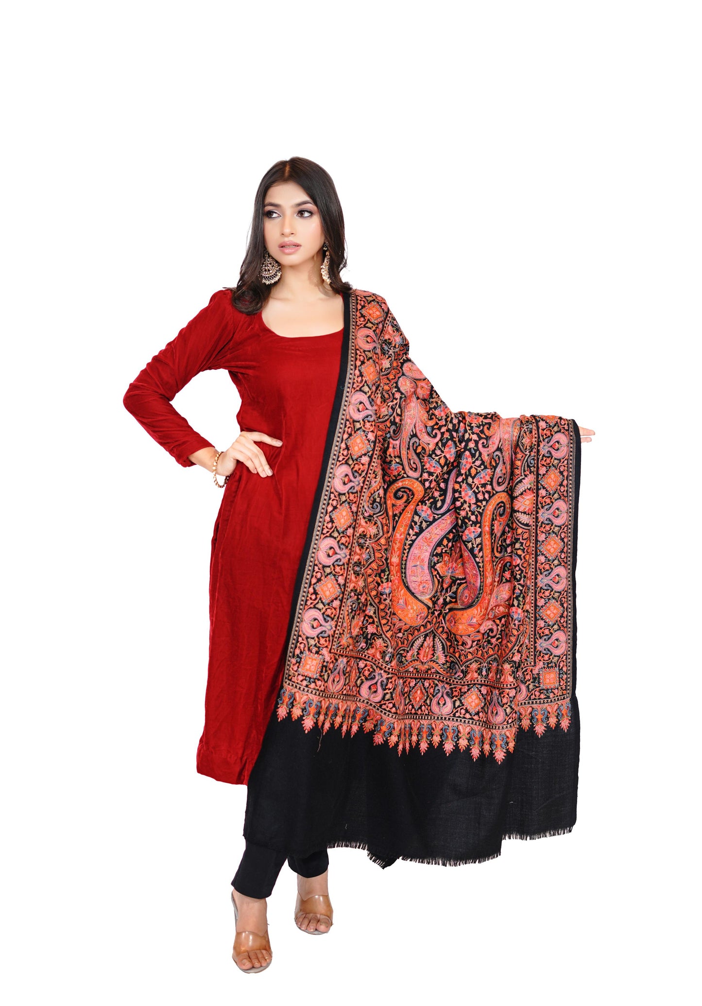 Heritage Embroidered Jaal Jamawar Shawl for Women - Classic Black