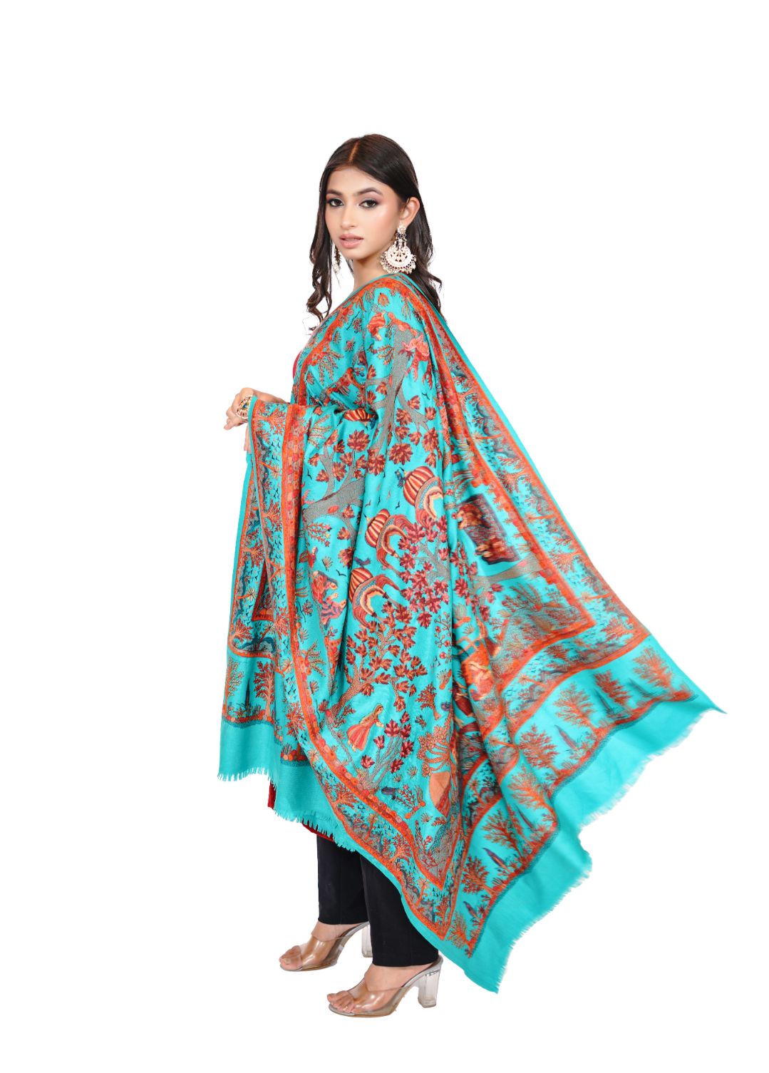 Heritage Mughal Darbaar Woolen Shawl for Women - Sky Blue