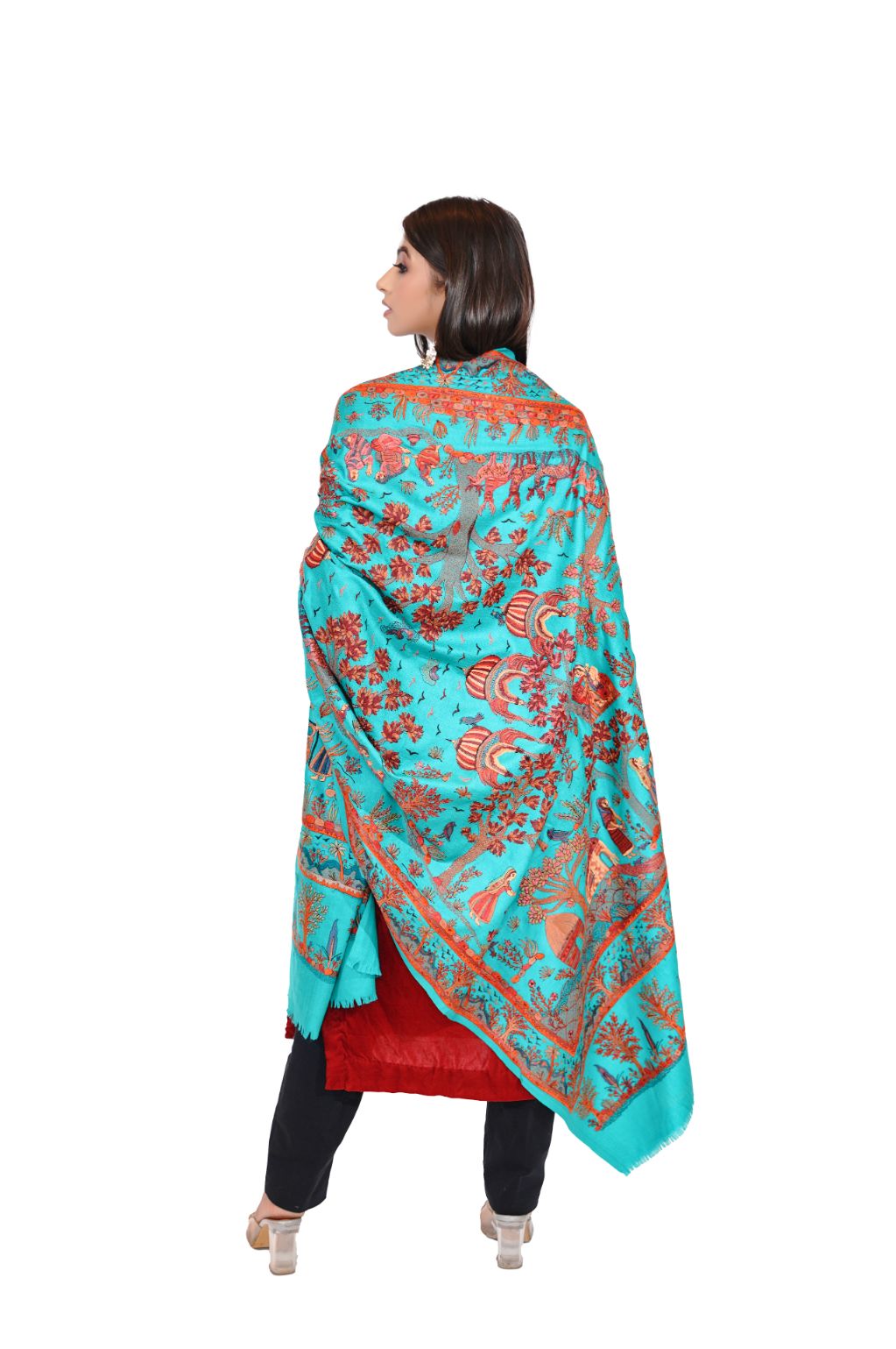 Heritage Mughal Darbaar Woolen Shawl for Women - Sky Blue
