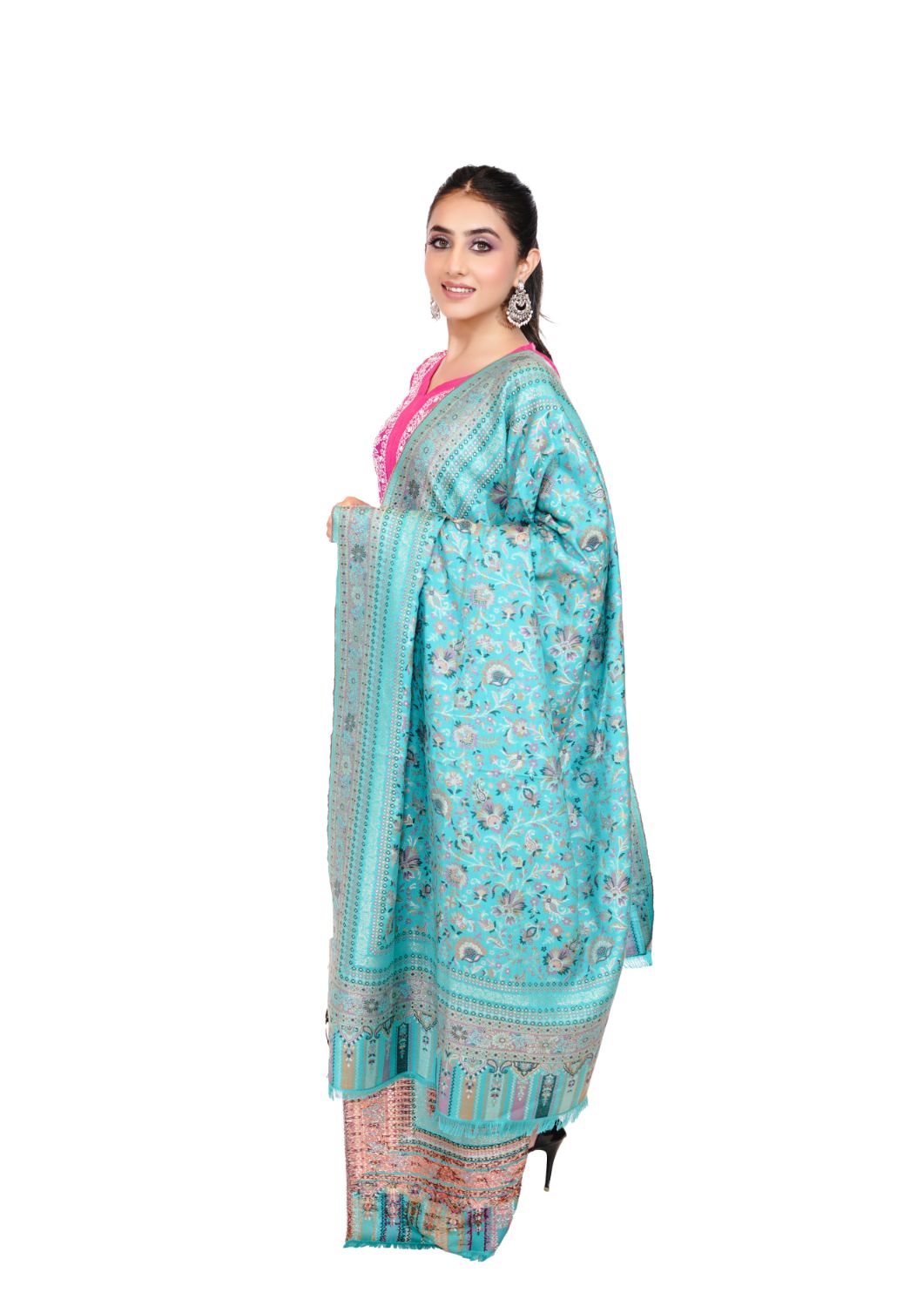 Soft Bamboo Modal Shawl with Zari for Women - Icy Blue