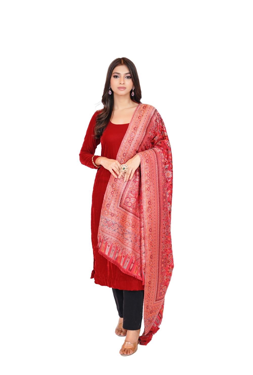 Soft Bamboo Modal Shawl with Zari for Women - Crimson Red