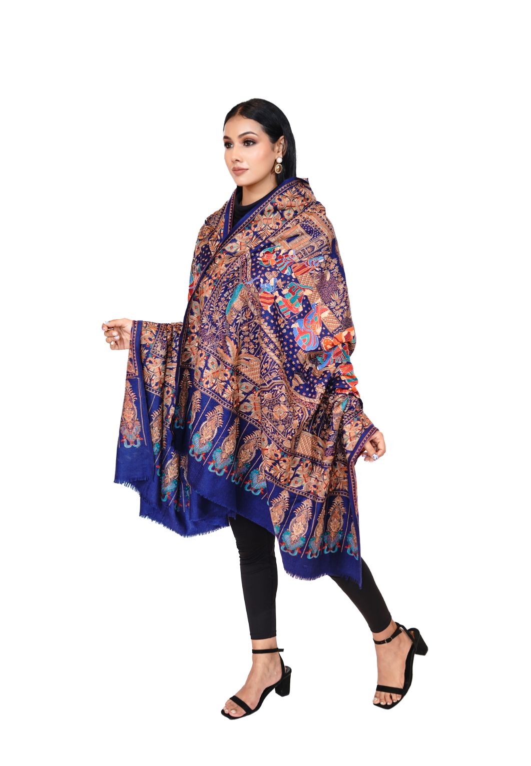 Heritage Mughal Darbaar Woolen Shawl for Women - Royal Blue
