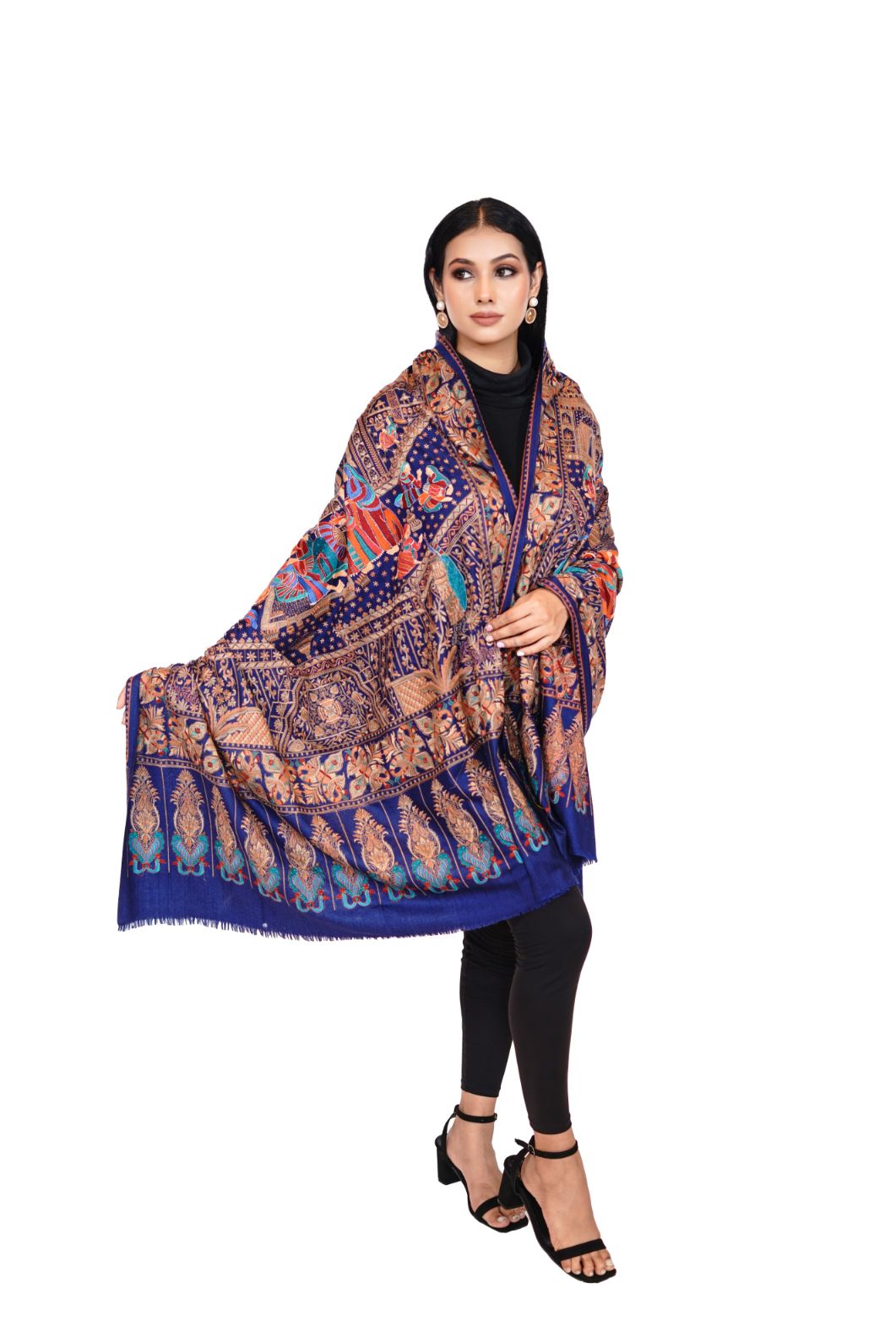 Heritage Mughal Darbaar Woolen Shawl for Women - Royal Blue