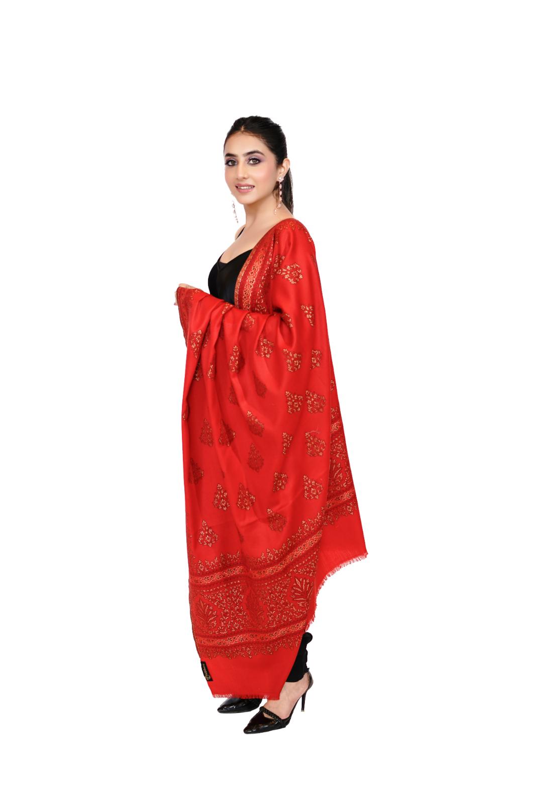 Women's Traditional Woollen Jamawar Shawl with Zari Work- Crimson Charm | Ultra Soft & Warm