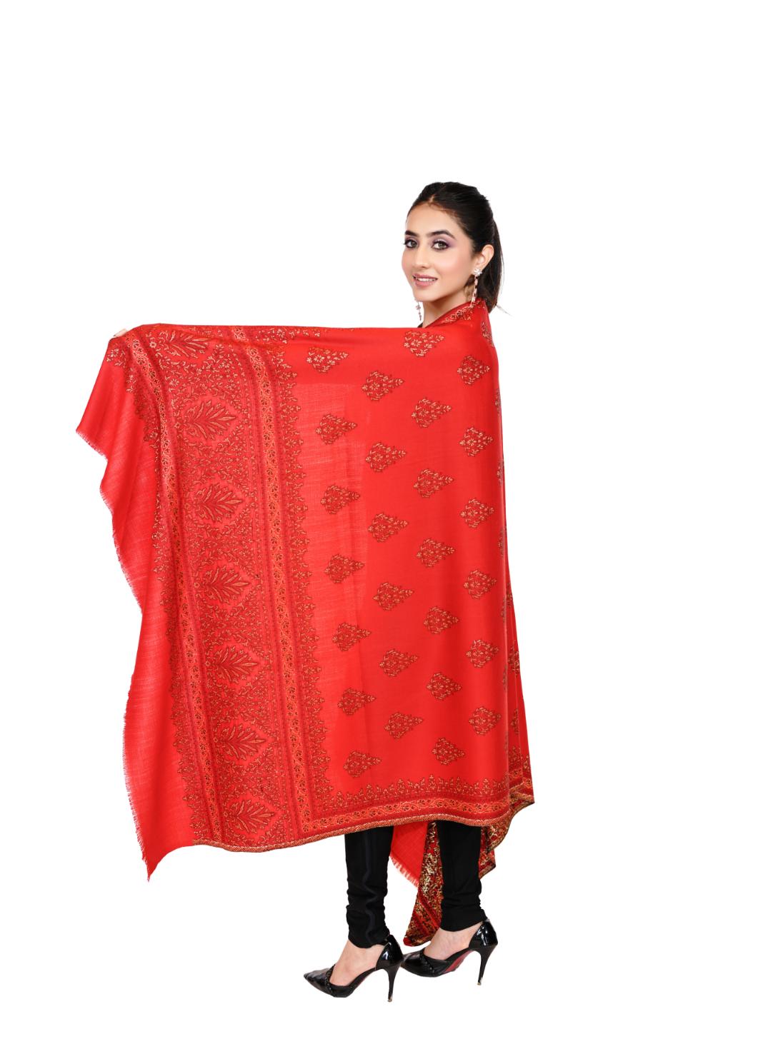 Women's Traditional Woollen Jamawar Shawl with Zari Work- Crimson Charm | Ultra Soft & Warm