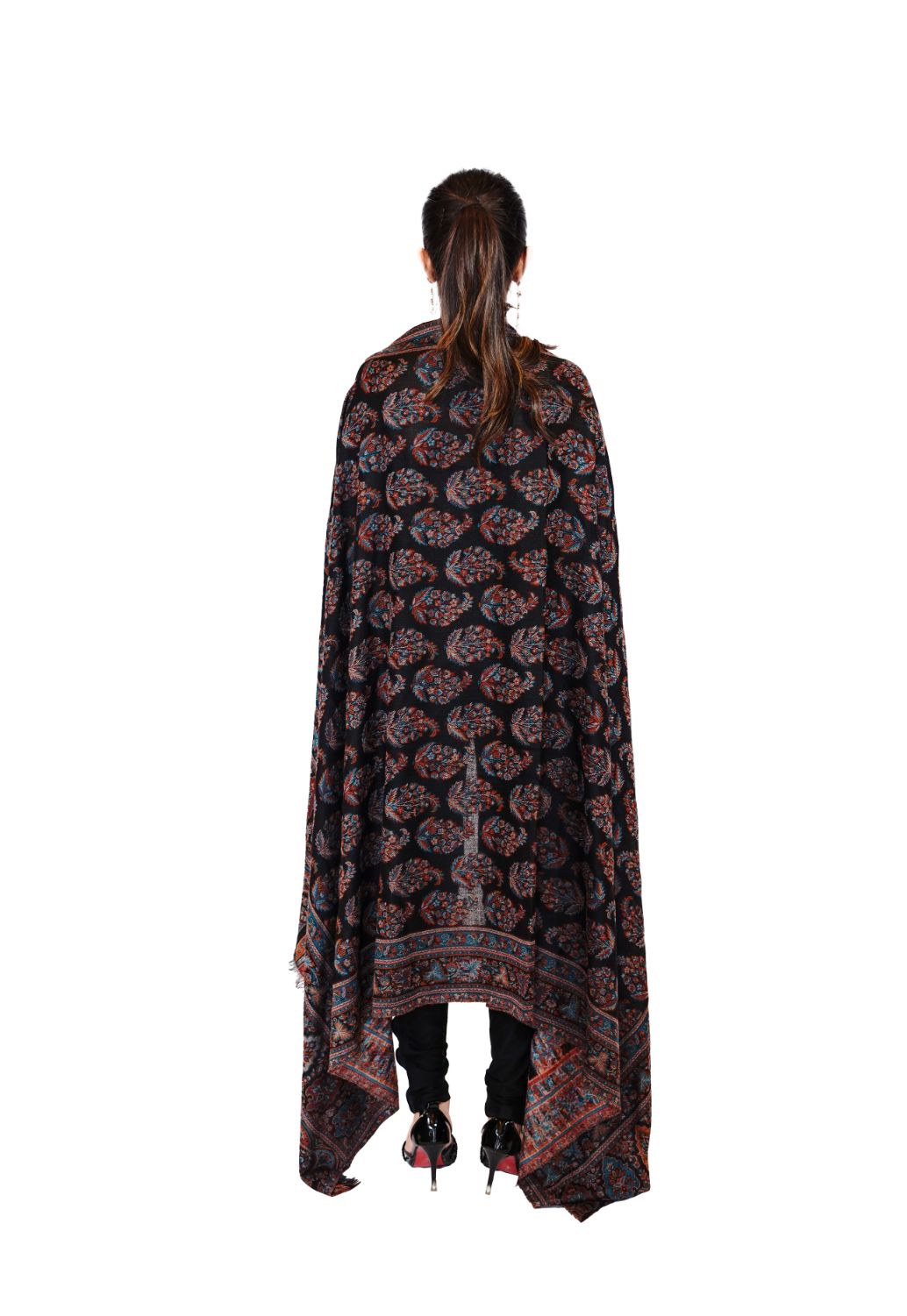 Women's Wool Blend Antique Shawl with Booti Design - Black Beauty